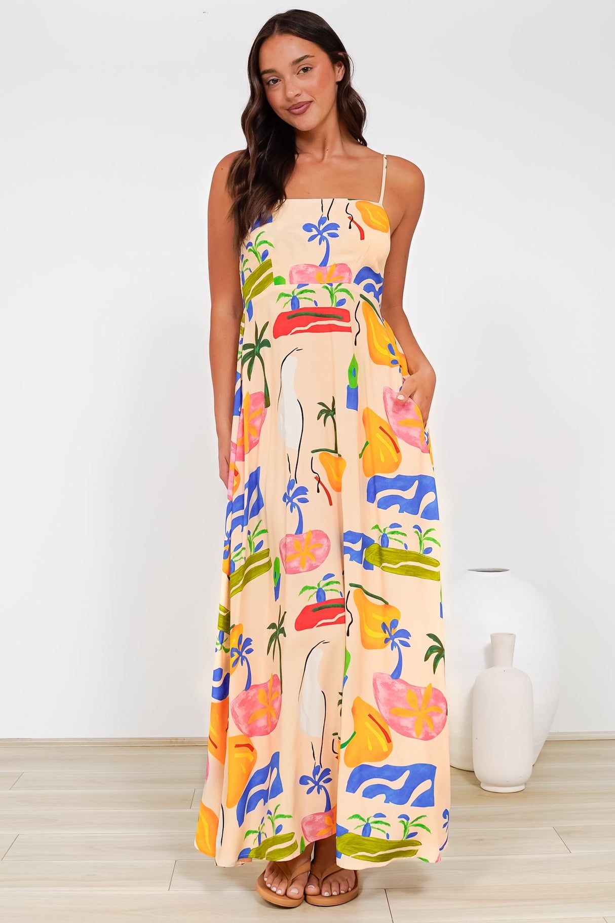 Radley Maxi Dress - Empire Line Sun Dress with Adjustable Straps in Cruise Print Beige