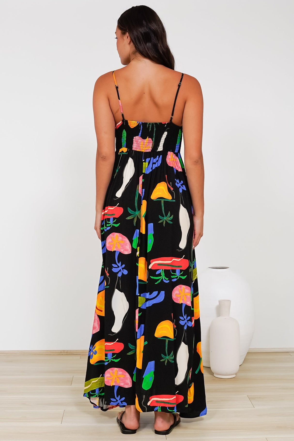 Radley Maxi Dress - Empire Line Sun Dress with Adjustable Straps in Cruise Print Black