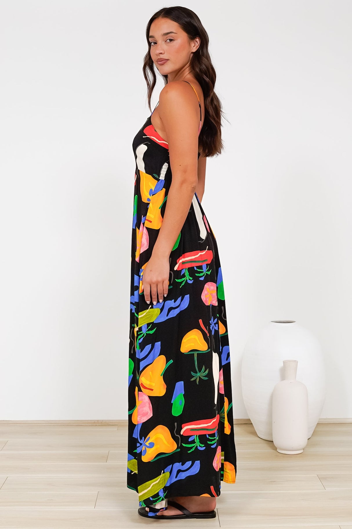 Radley Maxi Dress - Empire Line Sun Dress with Adjustable Straps in Cruise Print Black