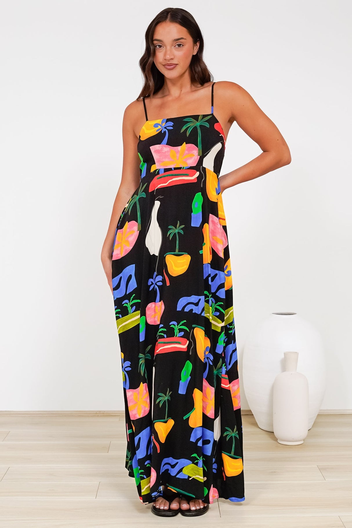 Radley Maxi Dress - Empire Line Sun Dress with Adjustable Straps in Cruise Print Black