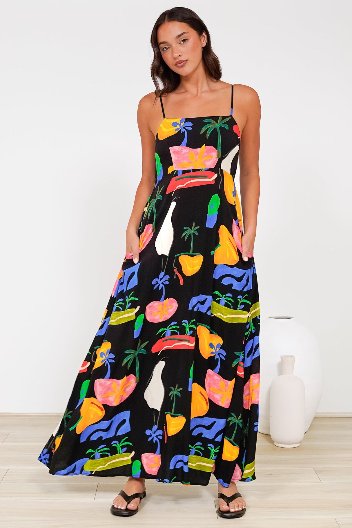 Radley Maxi Dress - Empire Line Sun Dress with Adjustable Straps in Cruise Print Black