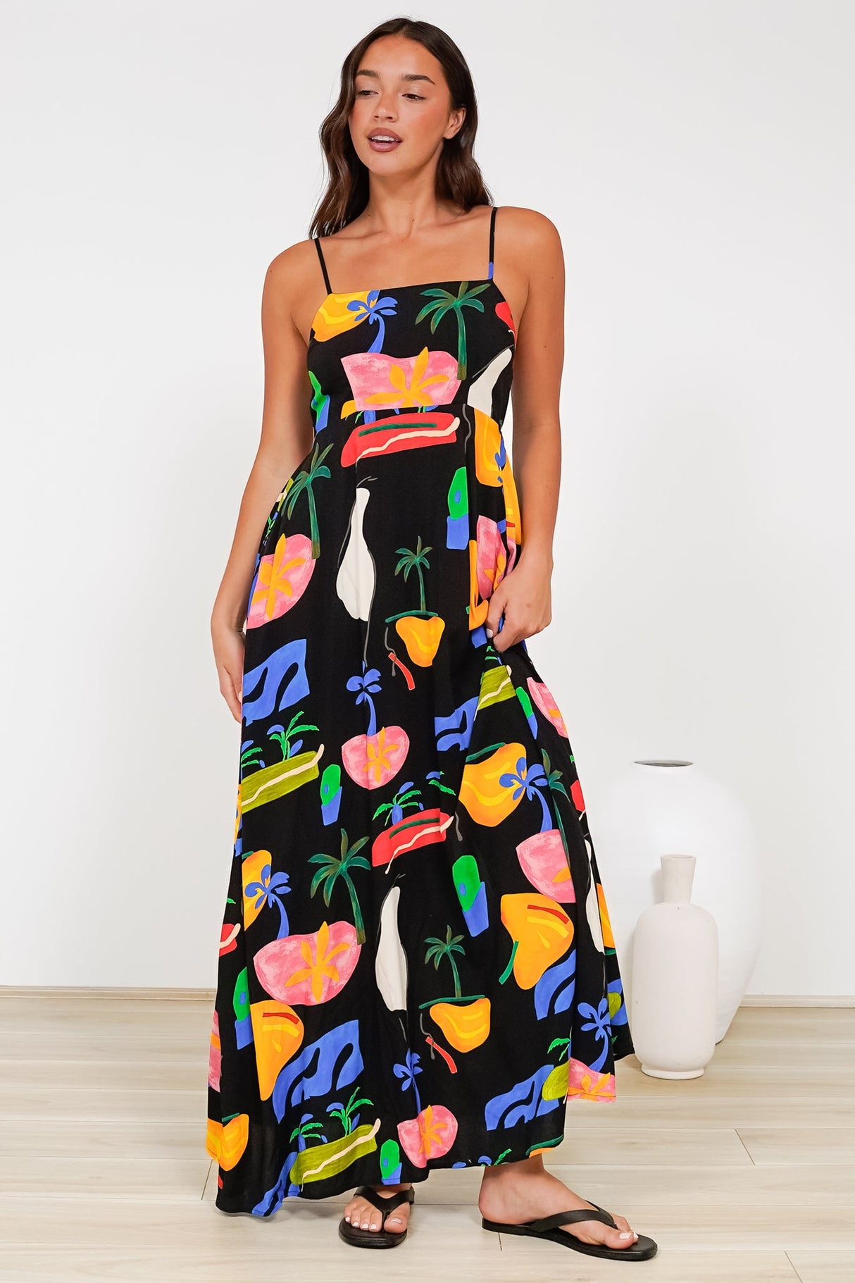 Radley Maxi Dress - Empire Line Sun Dress with Adjustable Straps in Cruise Print Black