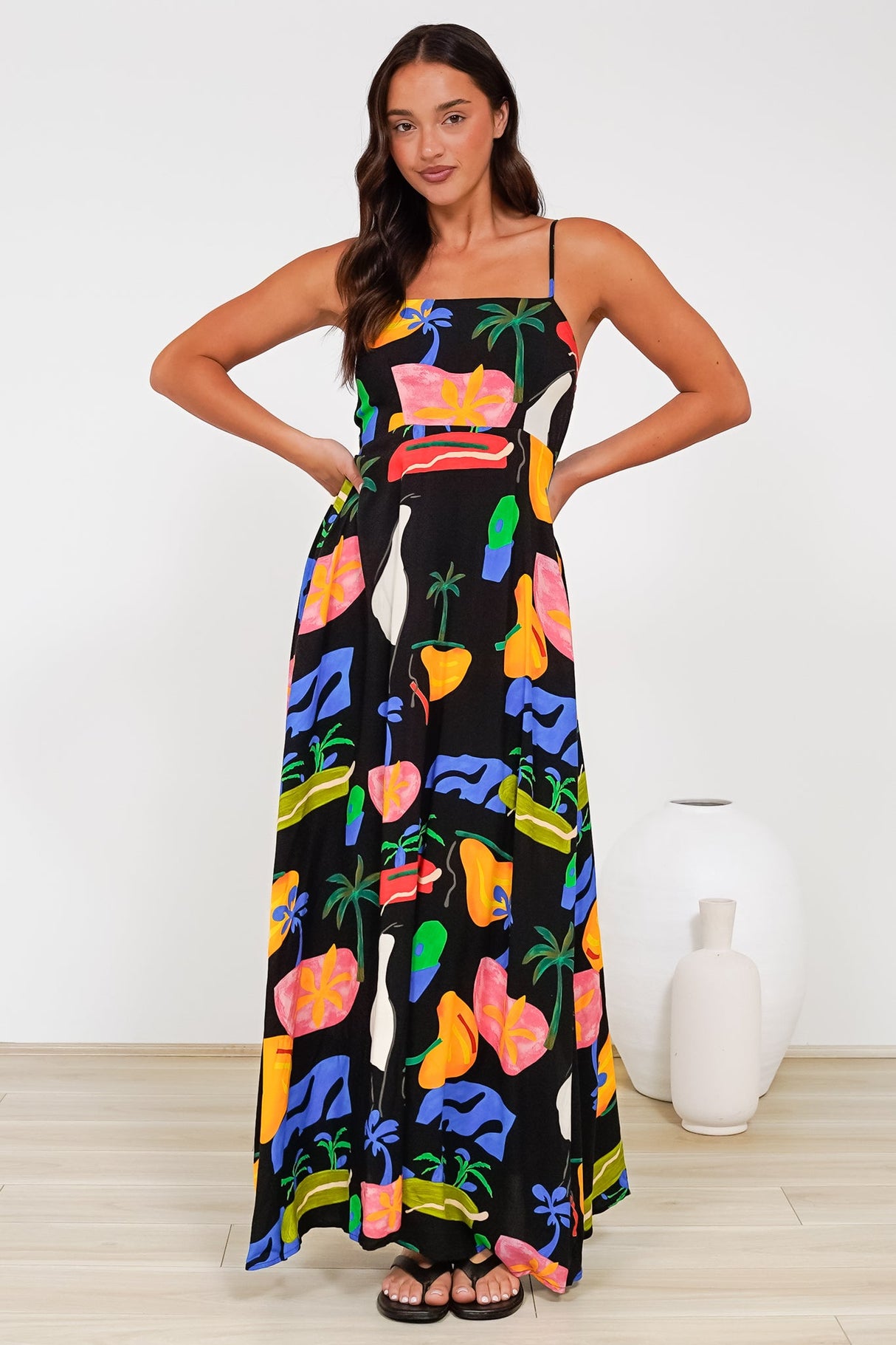 Radley Maxi Dress - Empire Line Sun Dress with Adjustable Straps in Cruise Print Black