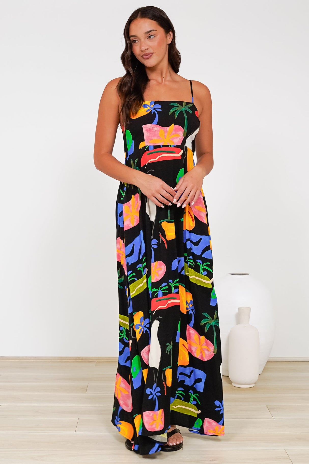 Radley Maxi Dress - Empire Line Sun Dress with Adjustable Straps in Cruise Print Black
