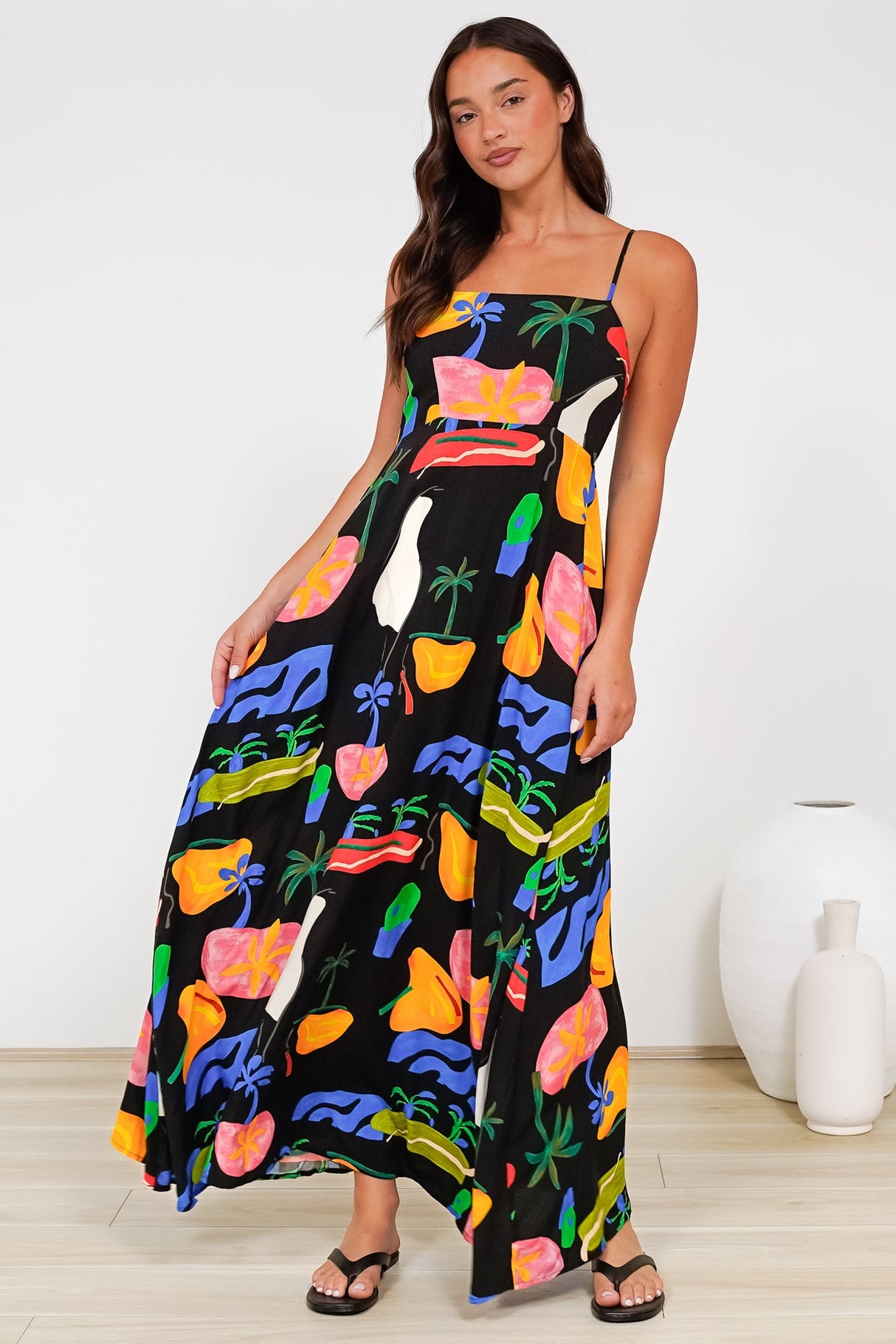 Radley Maxi Dress - Empire Line Sun Dress with Adjustable Straps in Cruise Print Black
