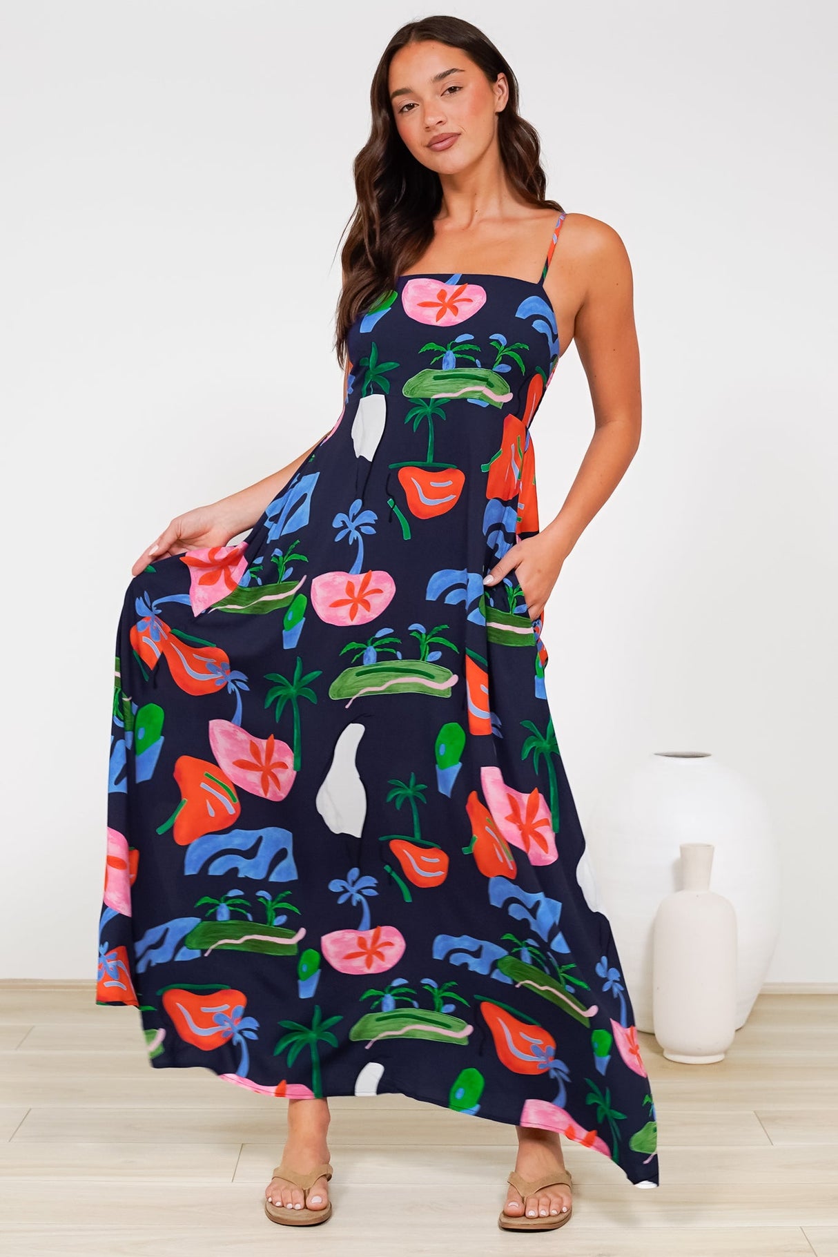 Radley Maxi Dress - Empire Line Sun Dress with Adjustable Straps in Cruise Print Navy