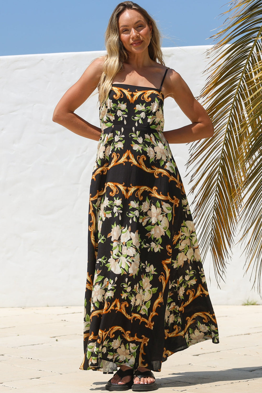 Radley Maxi Dress - Empire Line Sun Dress with Adjustable Straps in Evana Print Black