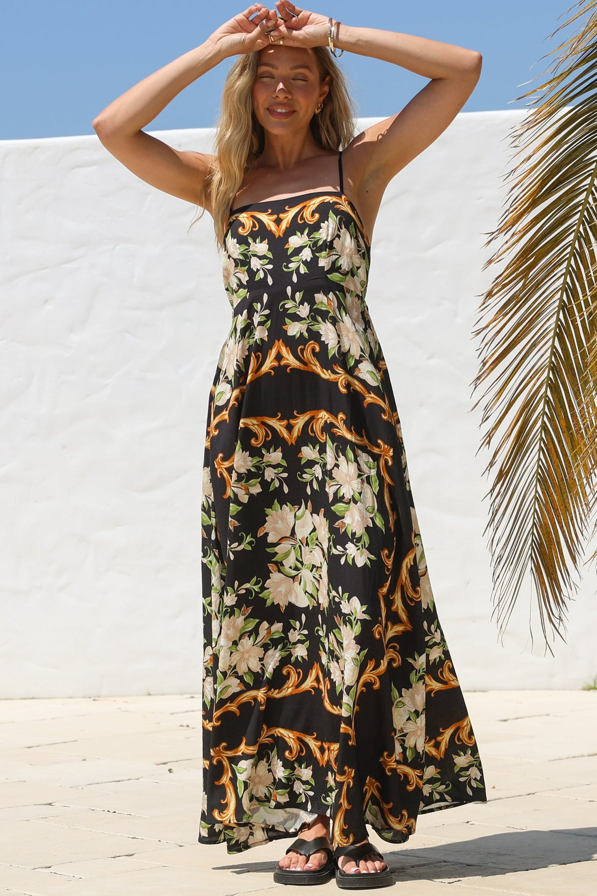 Radley Maxi Dress - Empire Line Sun Dress with Adjustable Straps in Evana Print Black