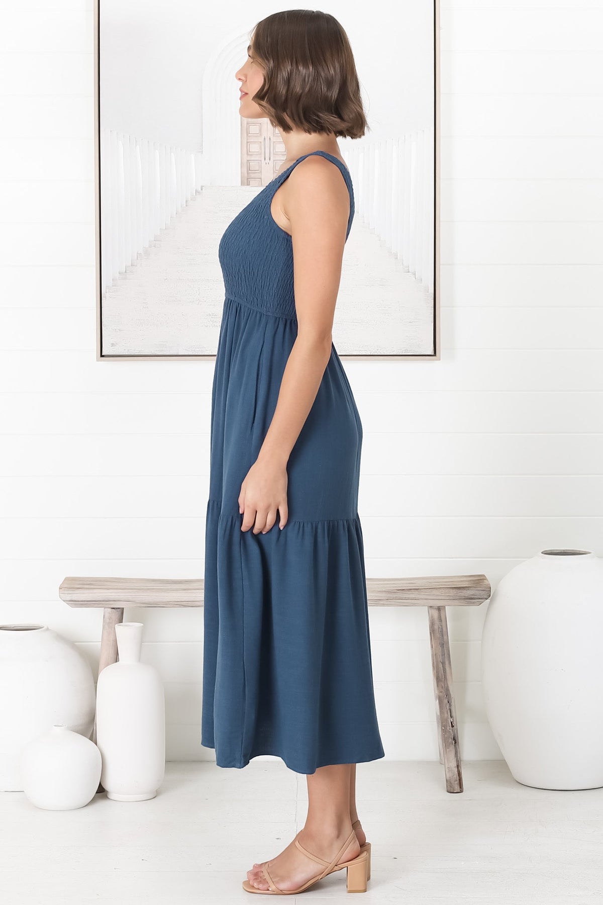 Ramsy Midi Dress - Linen Elasticated Bodice Tiered Sun Dress in Blue