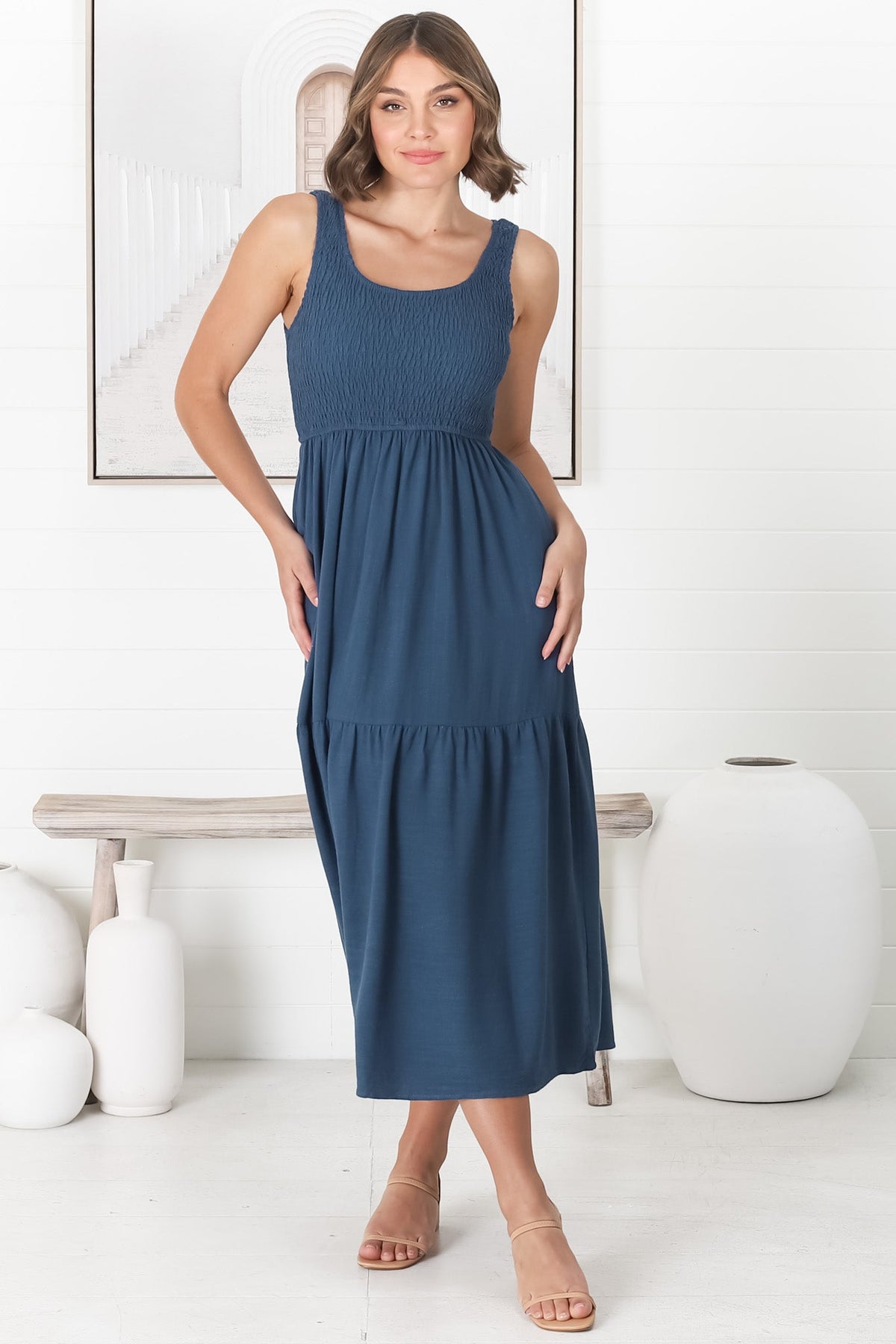 Ramsy Midi Dress - Linen Elasticated Bodice Tiered Sun Dress in Blue