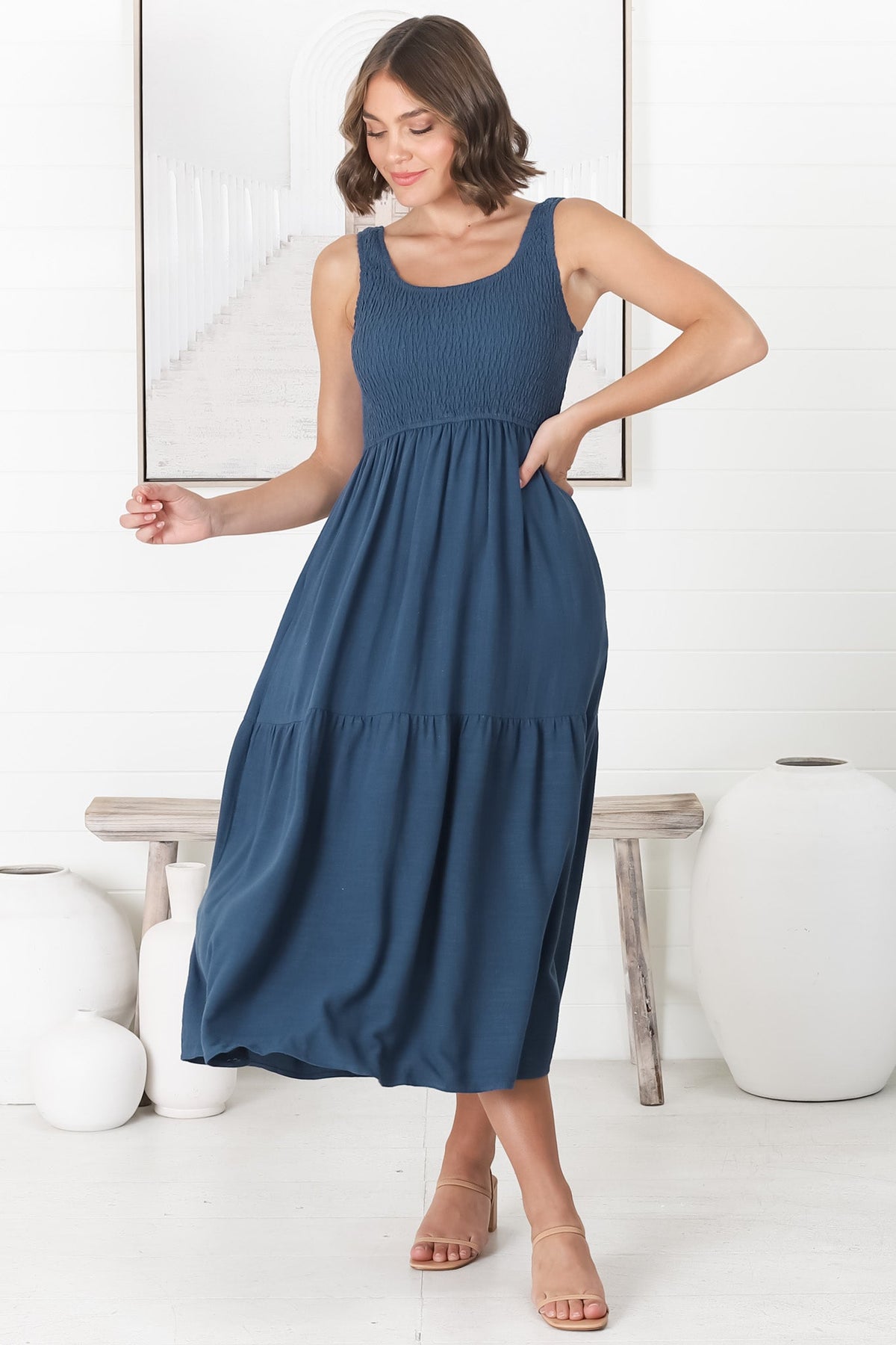 Ramsy Midi Dress - Linen Elasticated Bodice Tiered Sun Dress in Blue