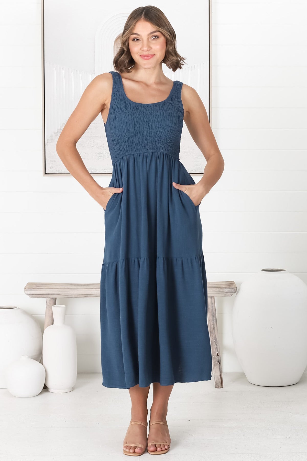 Ramsy Midi Dress - Linen Elasticated Bodice Tiered Sun Dress in Blue