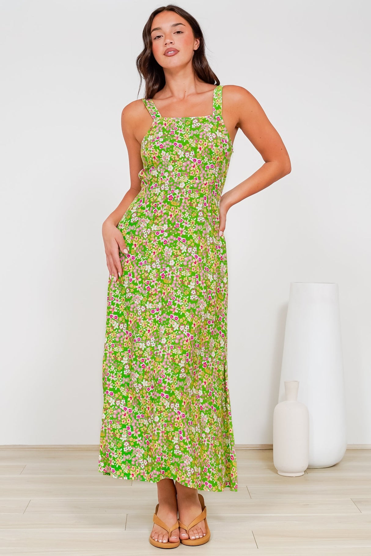 Rani Midi Dress - A-Line Sun Dress with Pockets and Adjustable Straps in Posie Print