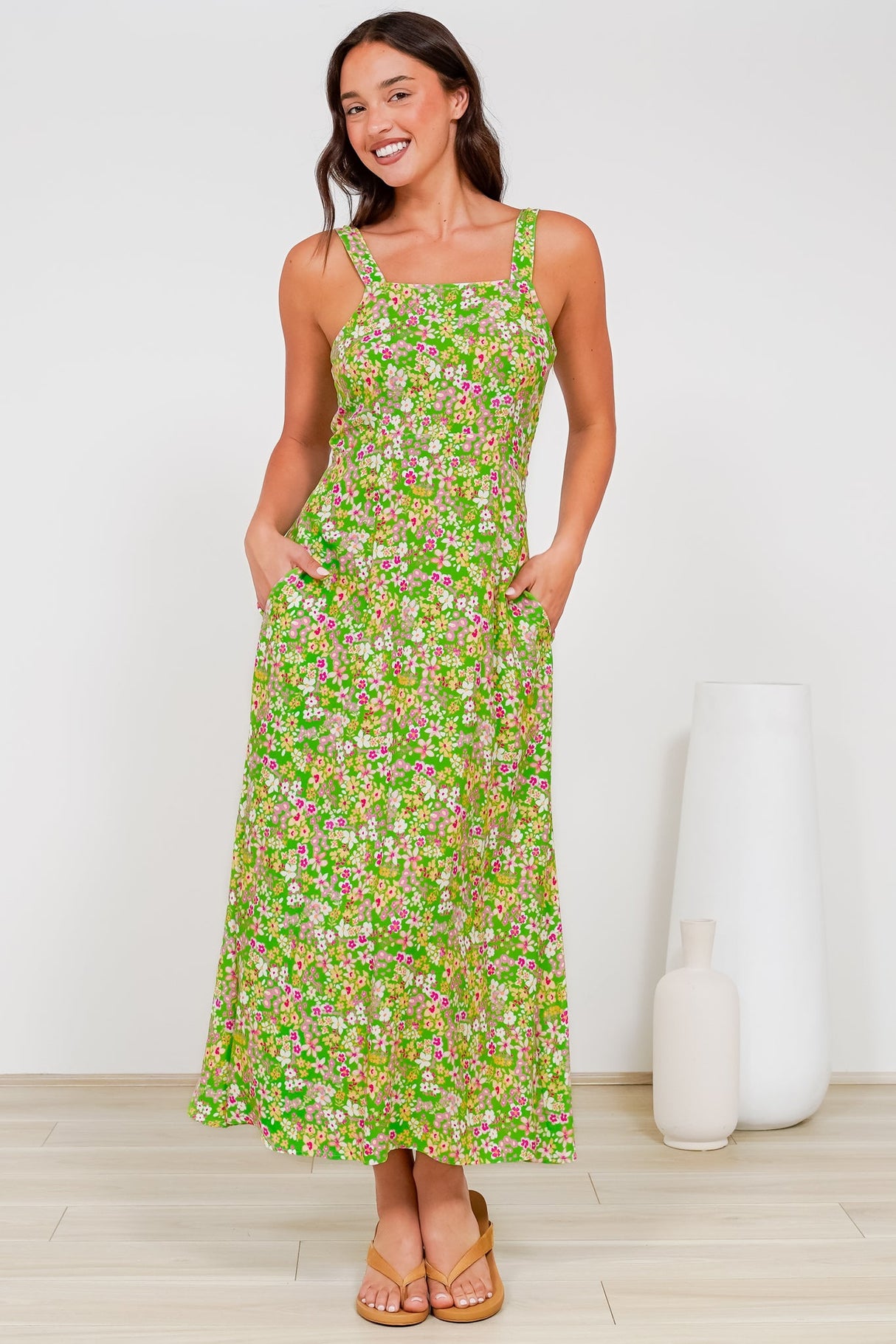 Rani Midi Dress - A-Line Sun Dress with Pockets and Adjustable Straps in Posie Print