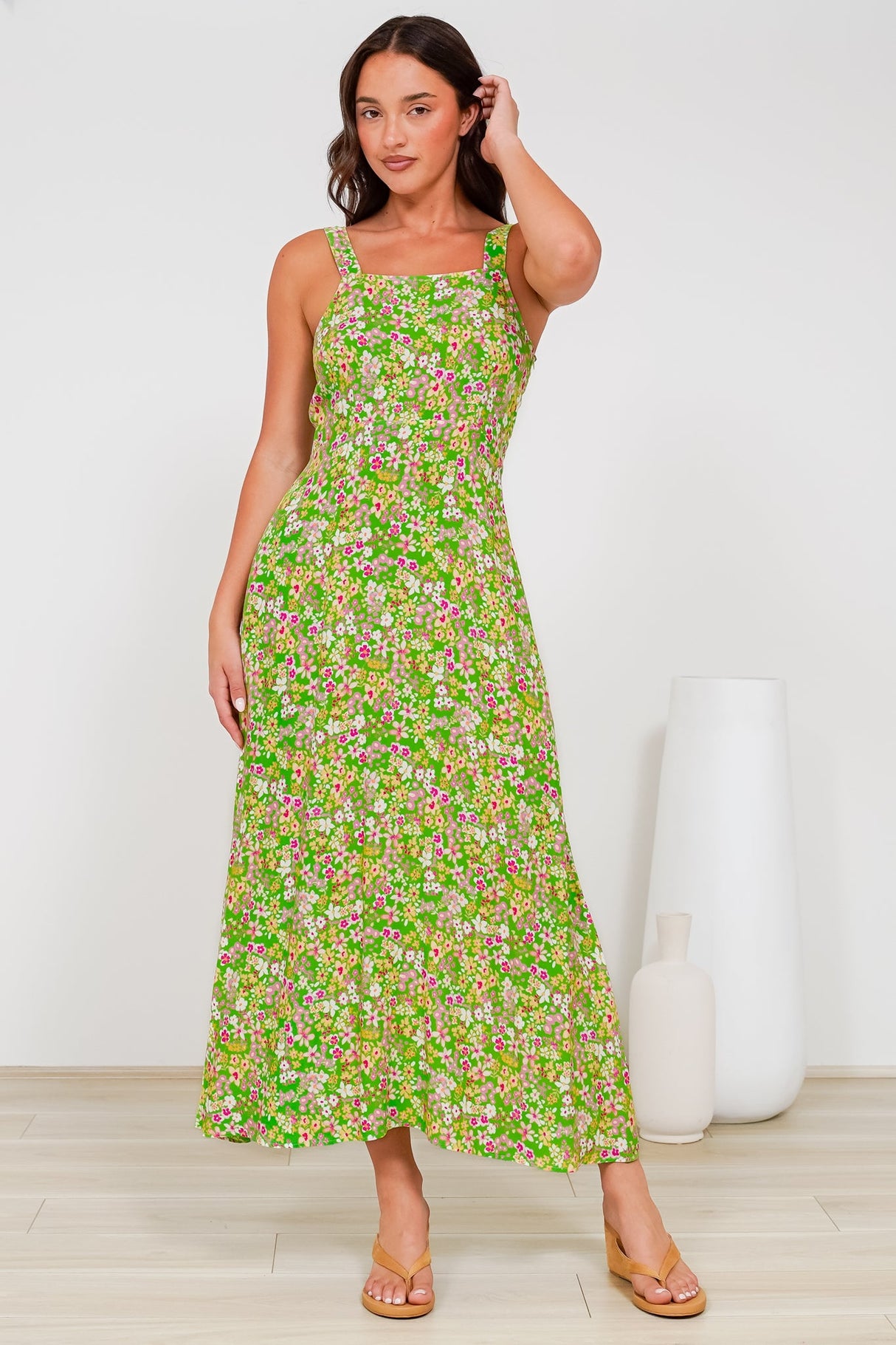 Rani Midi Dress - A-Line Sun Dress with Pockets and Adjustable Straps in Posie Print