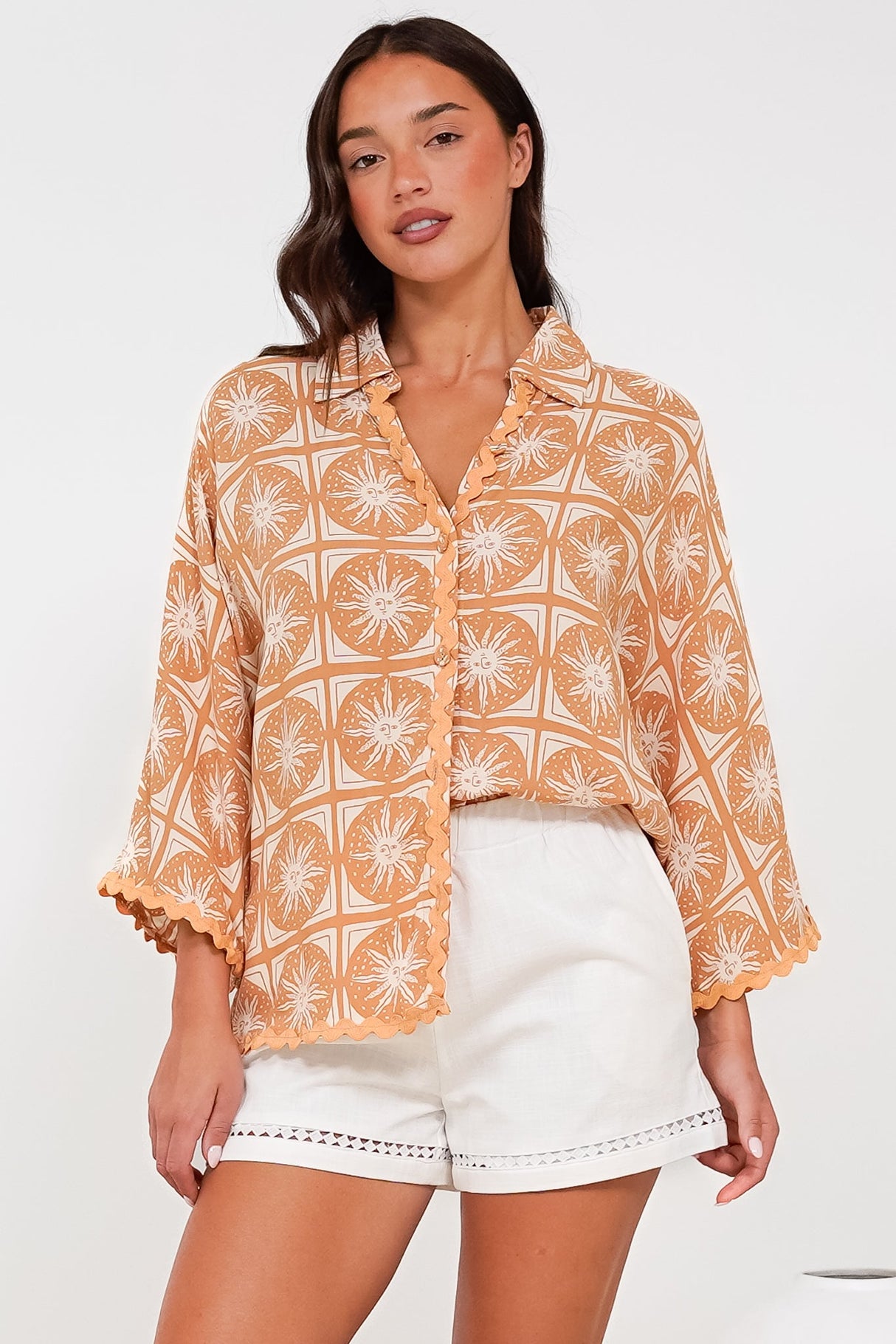 Raya Shirt - Folded Collar Button Down Shirt in Solare Print