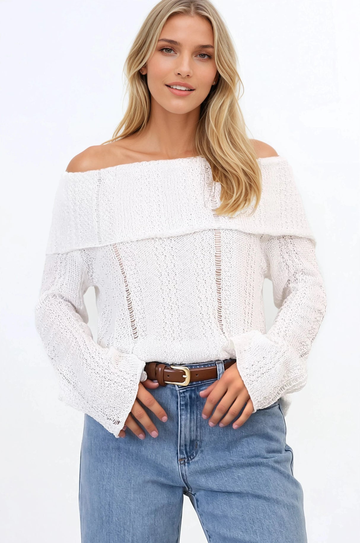 Rayra Knit Top - Multiway Neckline Knit Top with Flute Sleeves in White