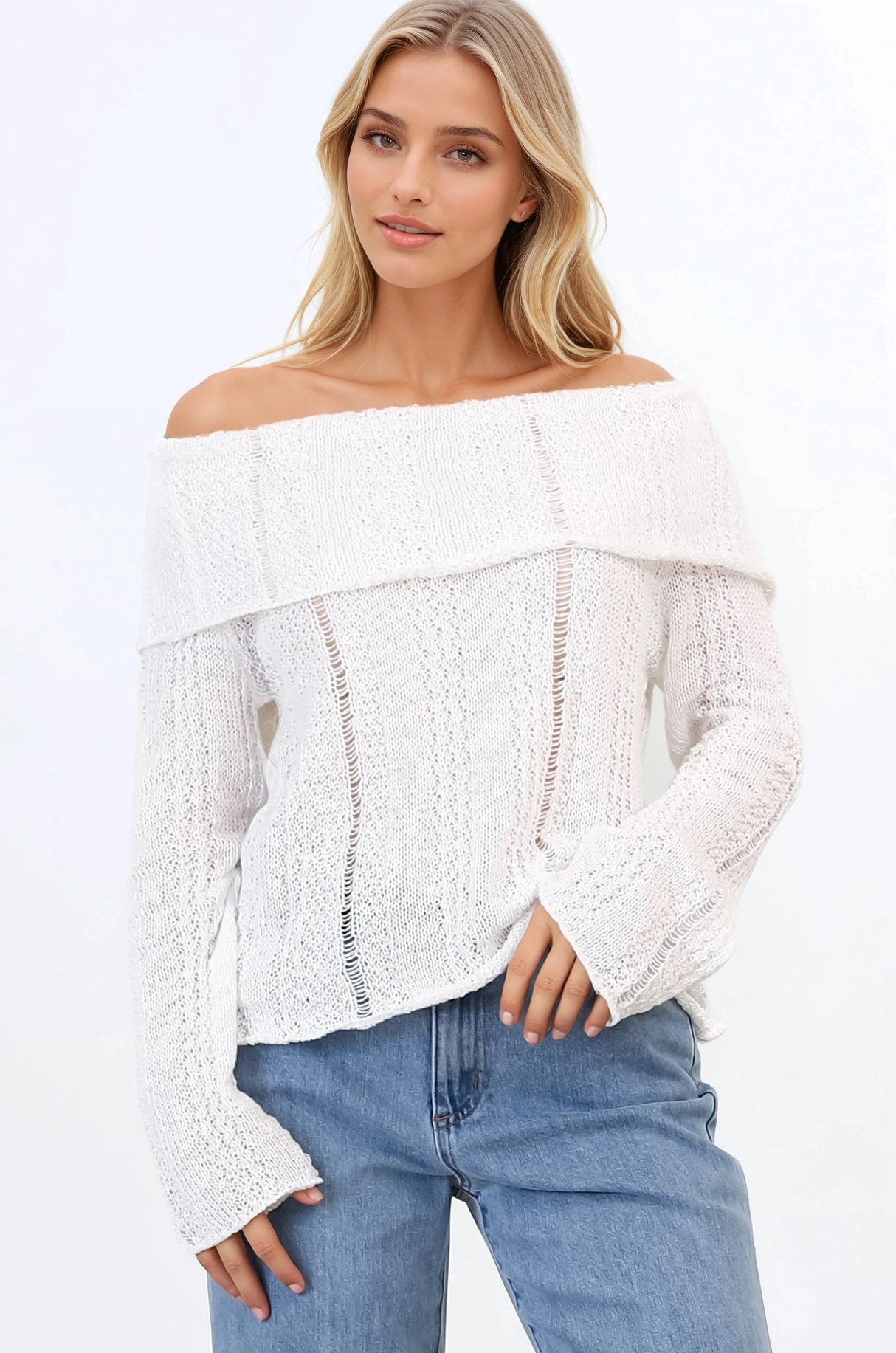 Rayra Knit Top - Multiway Neckline Knit Top with Flute Sleeves in White