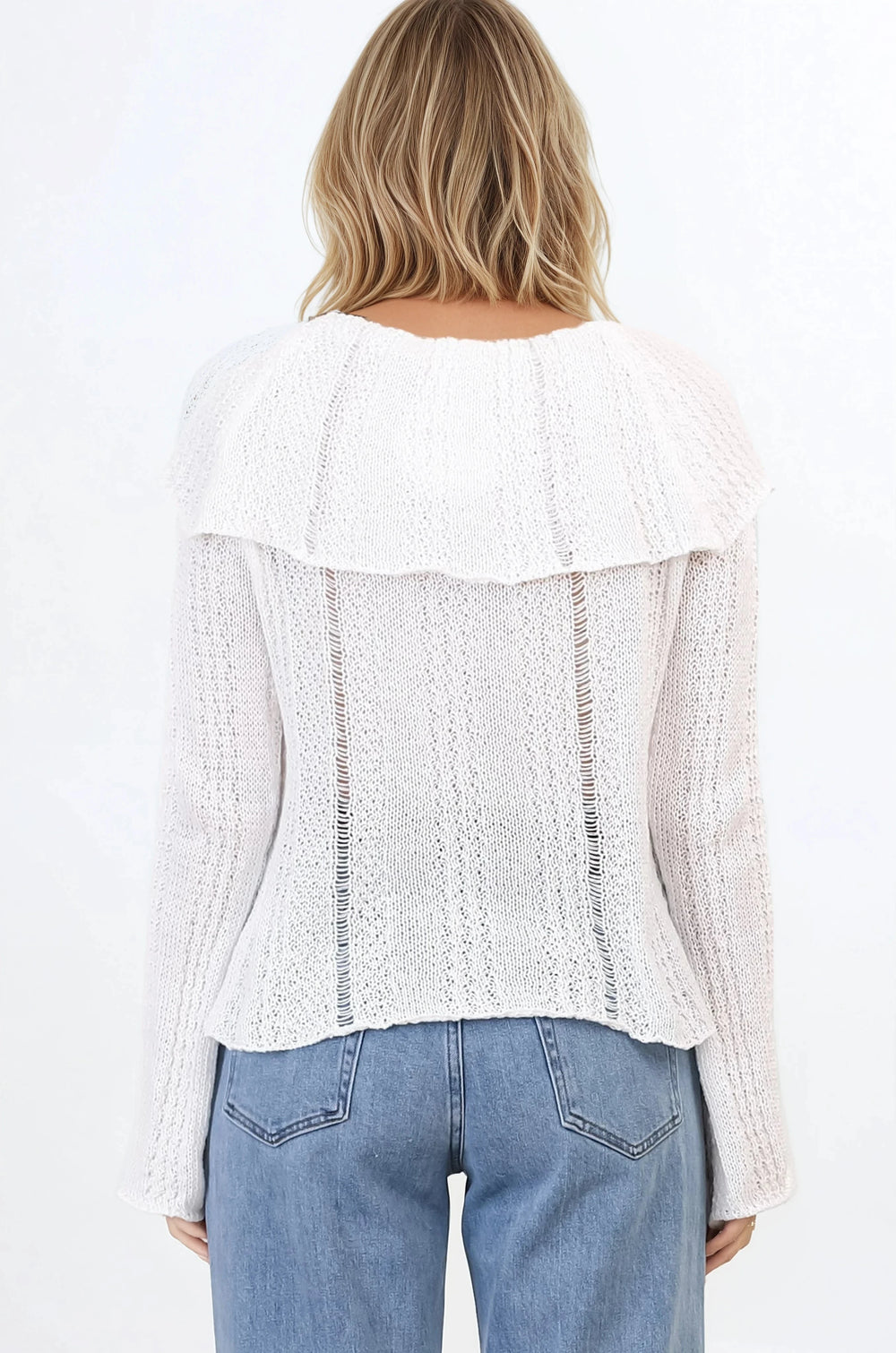 Rayra Knit Top - Multiway Neckline Knit Top with Flute Sleeves in White