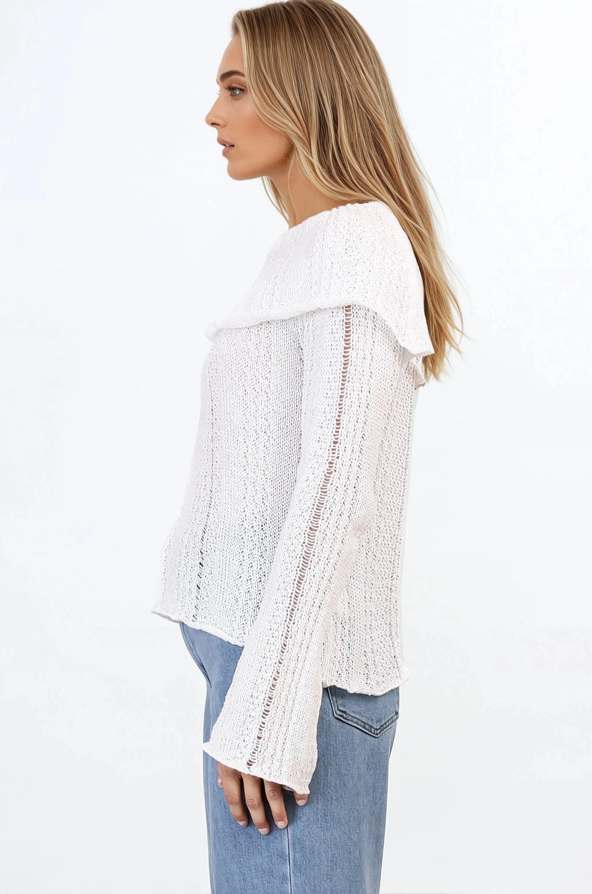 Rayra Knit Top - Multiway Neckline Knit Top with Flute Sleeves in White