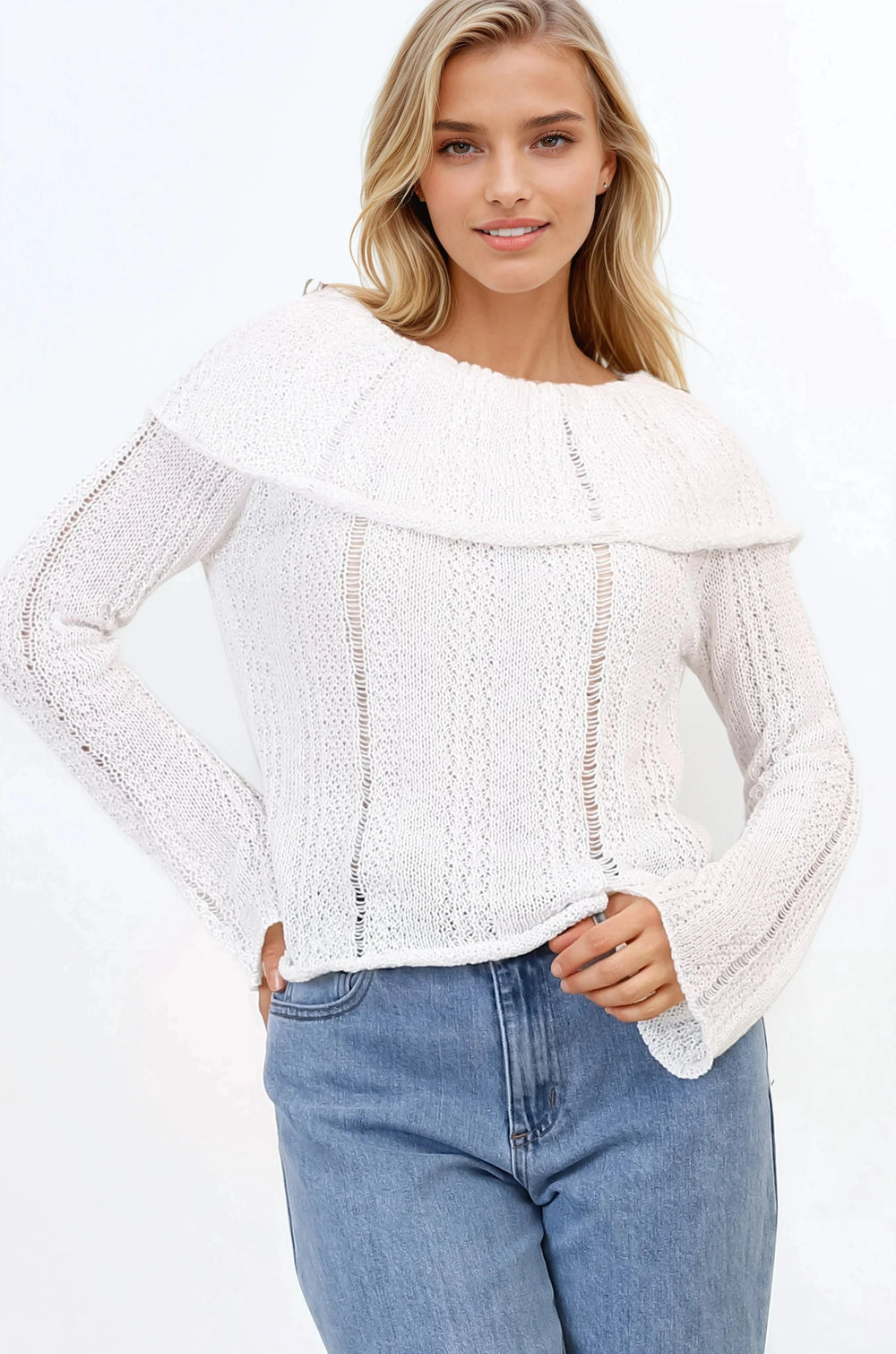 Rayra Knit Top - Multiway Neckline Knit Top with Flute Sleeves in White