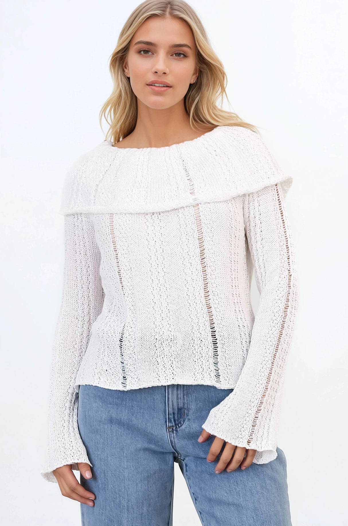 Rayra Knit Top - Multiway Neckline Knit Top with Flute Sleeves in White