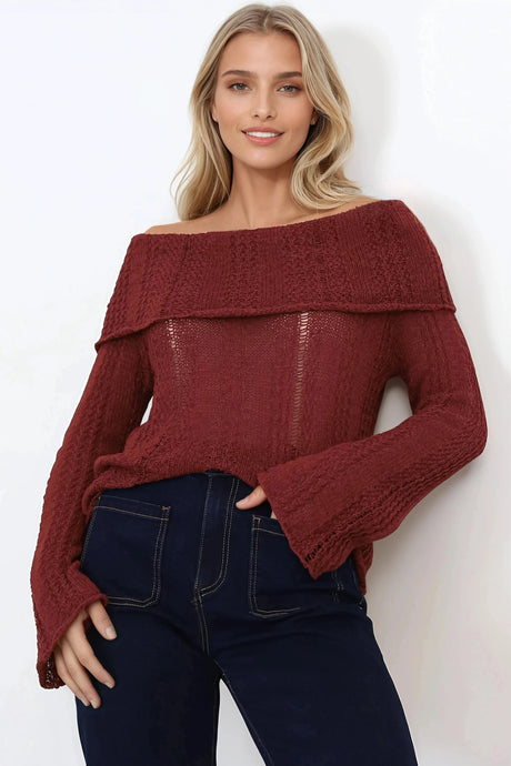 Rayra Knit Top - Multiway Neckline Knit Top with Flute Sleeves in Wine