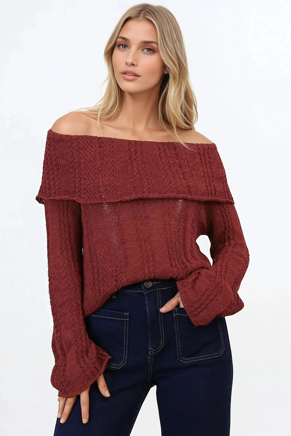 Rayra Knit Top - Multiway Neckline Knit Top with Flute Sleeves in Wine