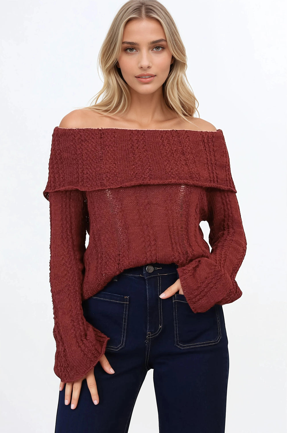Rayra Knit Top - Multiway Neckline Knit Top with Flute Sleeves in Wine