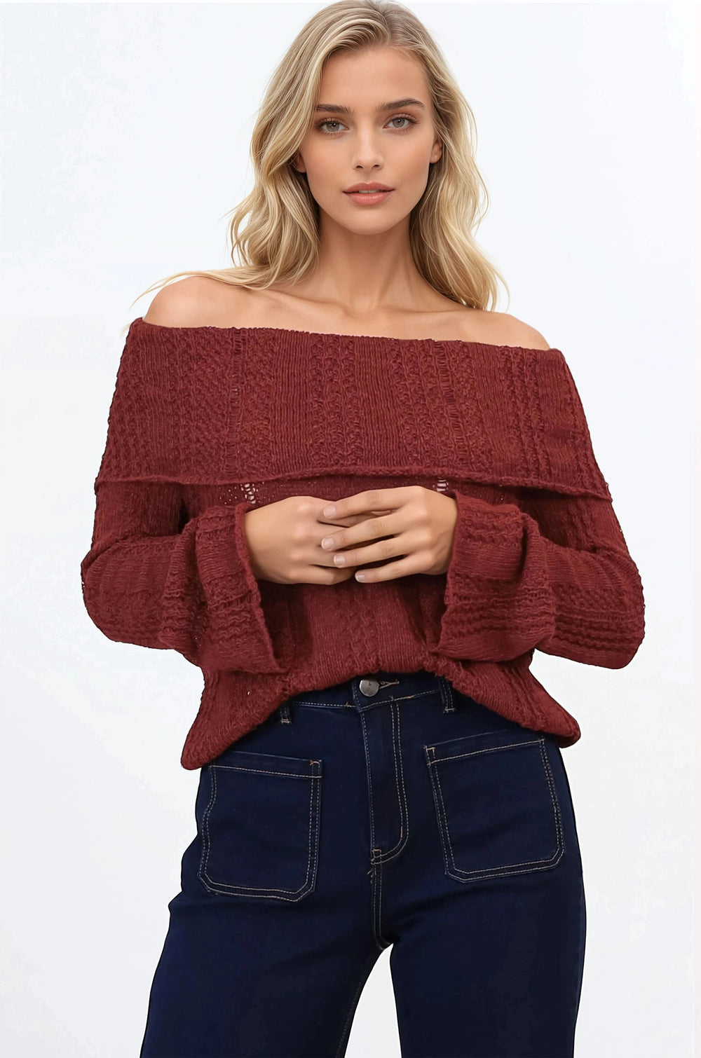 Rayra Knit Top - Multiway Neckline Knit Top with Flute Sleeves in Wine