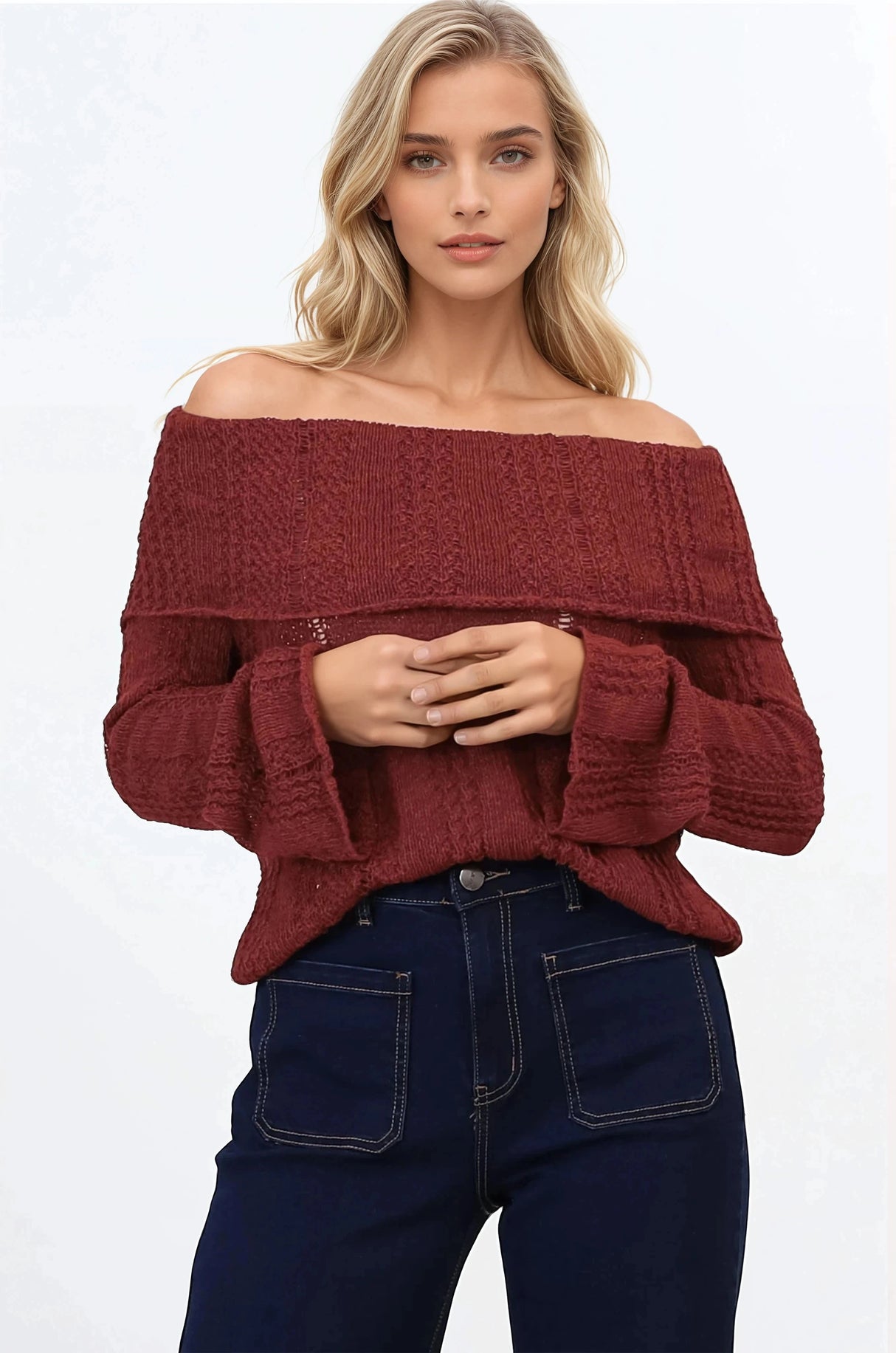 Rayra Knit Top - Multiway Neckline Knit Top with Flute Sleeves in Wine