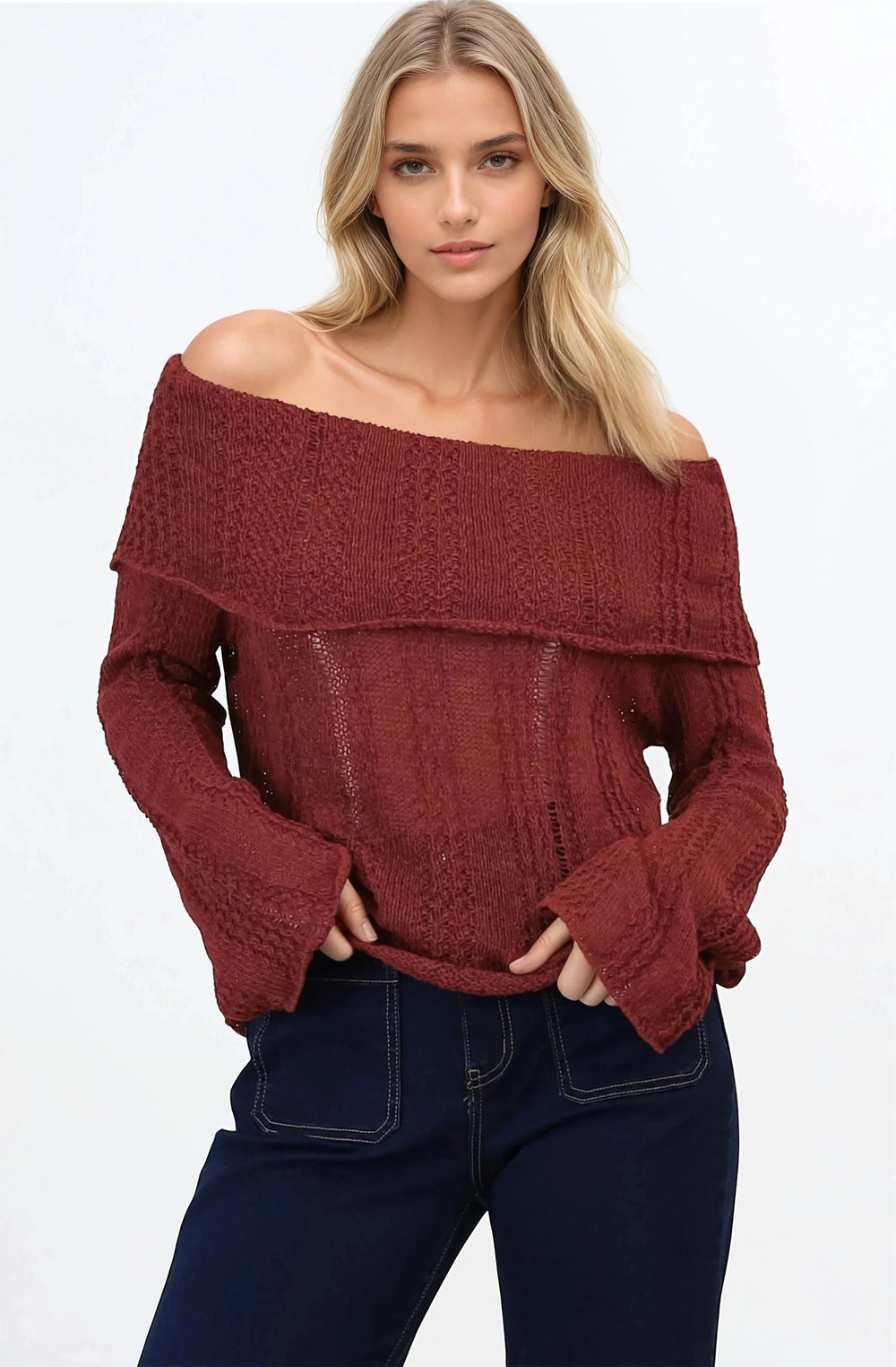 Rayra Knit Top - Multiway Neckline Knit Top with Flute Sleeves in Wine