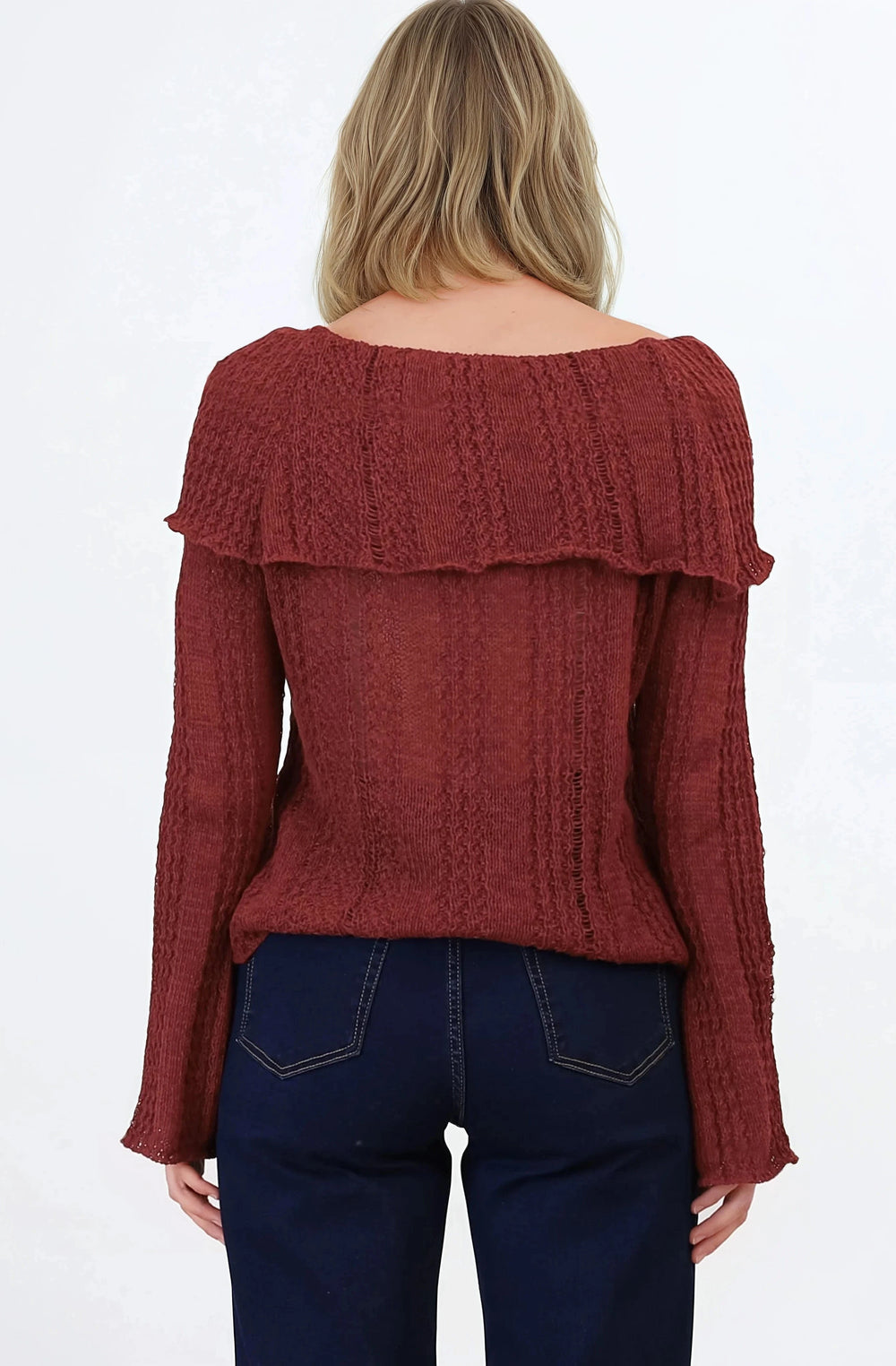 Rayra Knit Top - Multiway Neckline Knit Top with Flute Sleeves in Wine