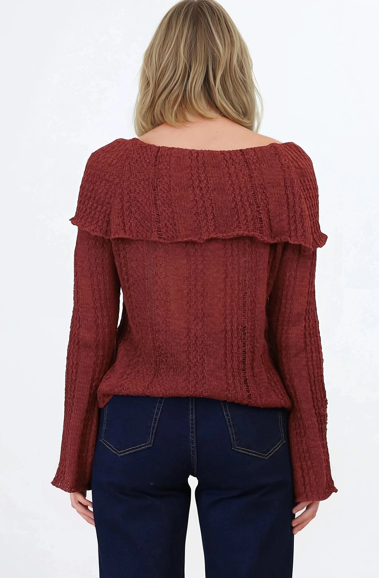 Rayra Knit Top - Multiway Neckline Knit Top with Flute Sleeves in Wine