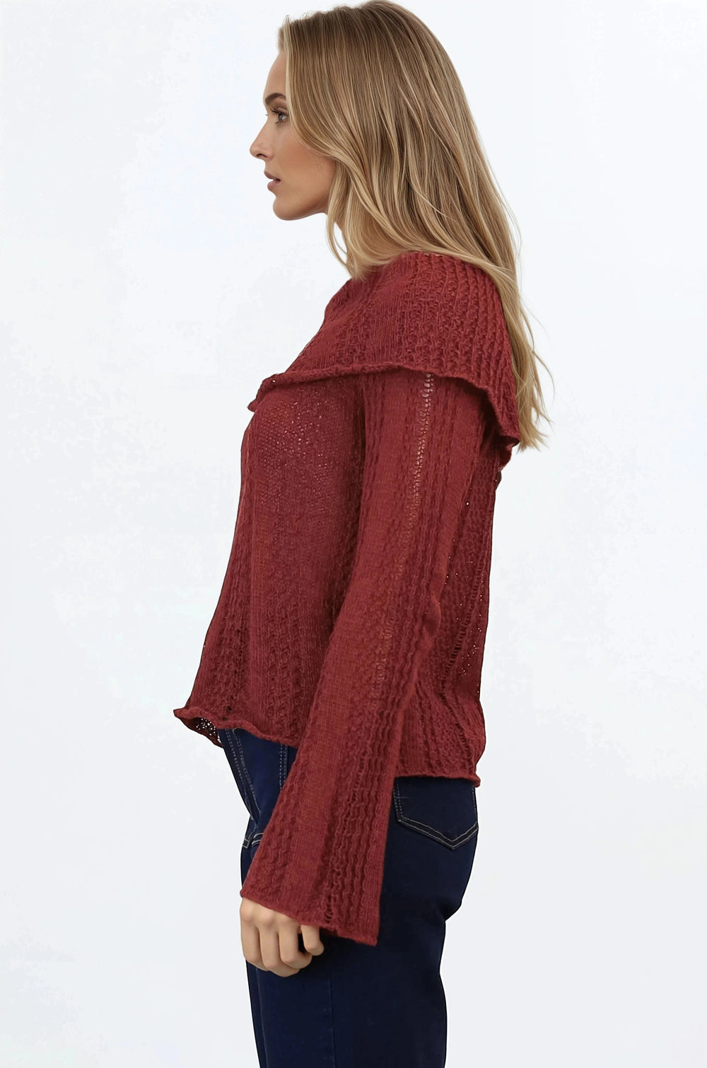 Rayra Knit Top - Multiway Neckline Knit Top with Flute Sleeves in Wine