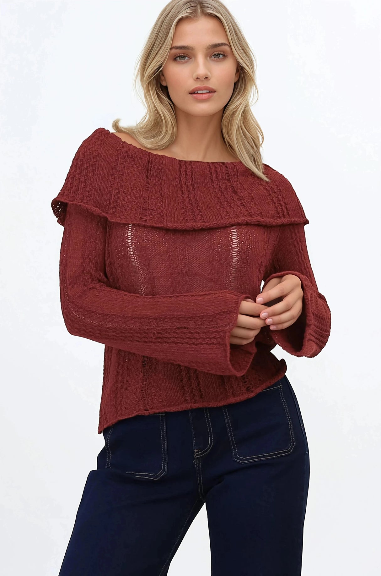 Rayra Knit Top - Multiway Neckline Knit Top with Flute Sleeves in Wine