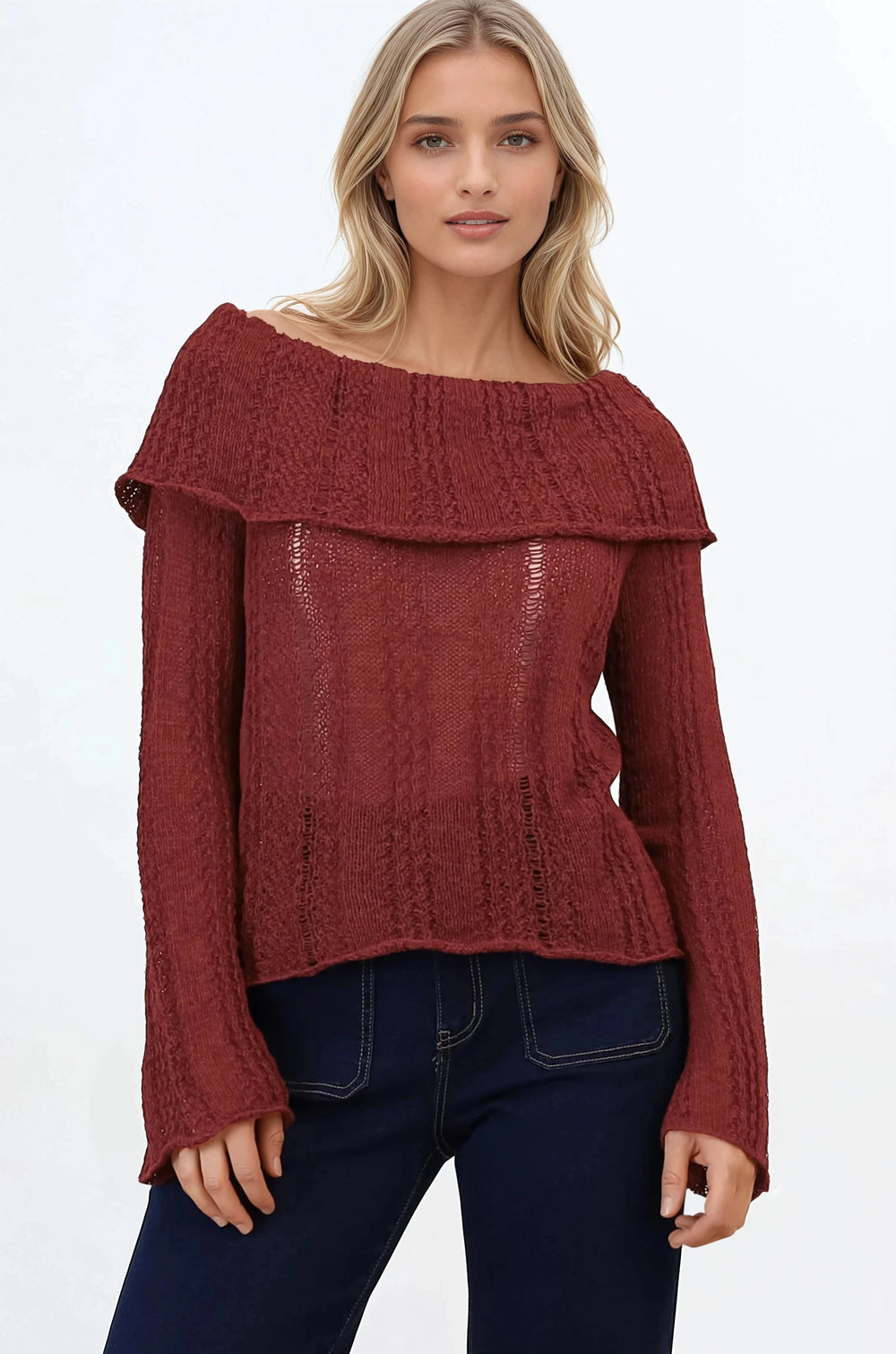 Rayra Knit Top - Multiway Neckline Knit Top with Flute Sleeves in Wine