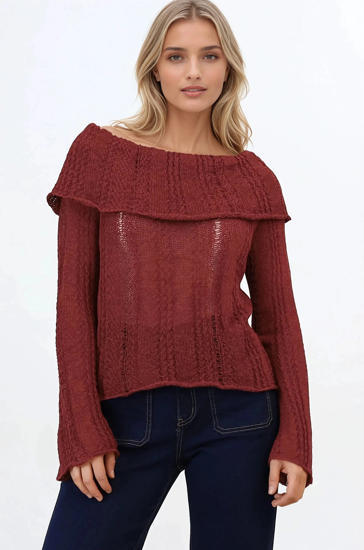 Rayra Knit Top - Multiway Neckline Knit Top with Flute Sleeves in Wine