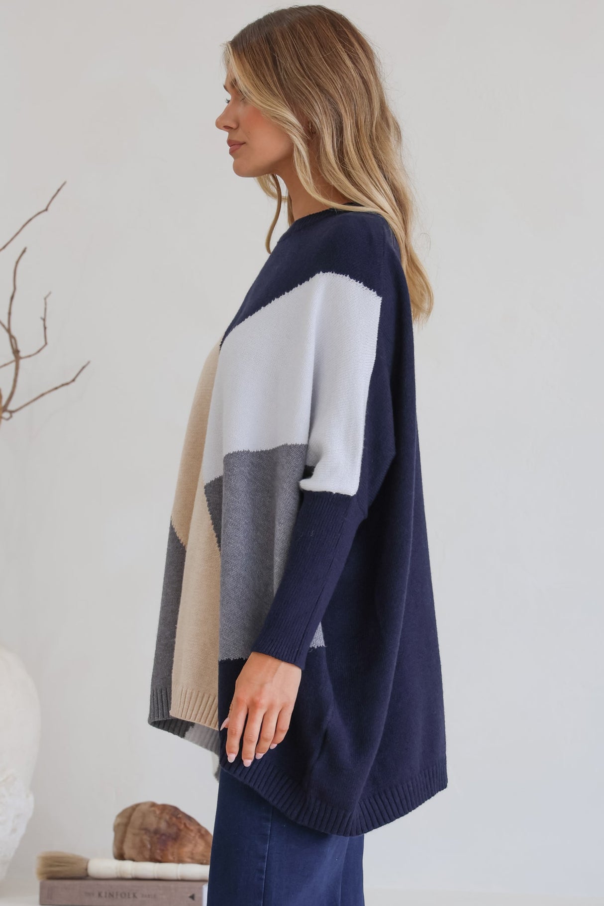 Reed Jumper - Color Block Batwing Long Sleeve Knit in Navy