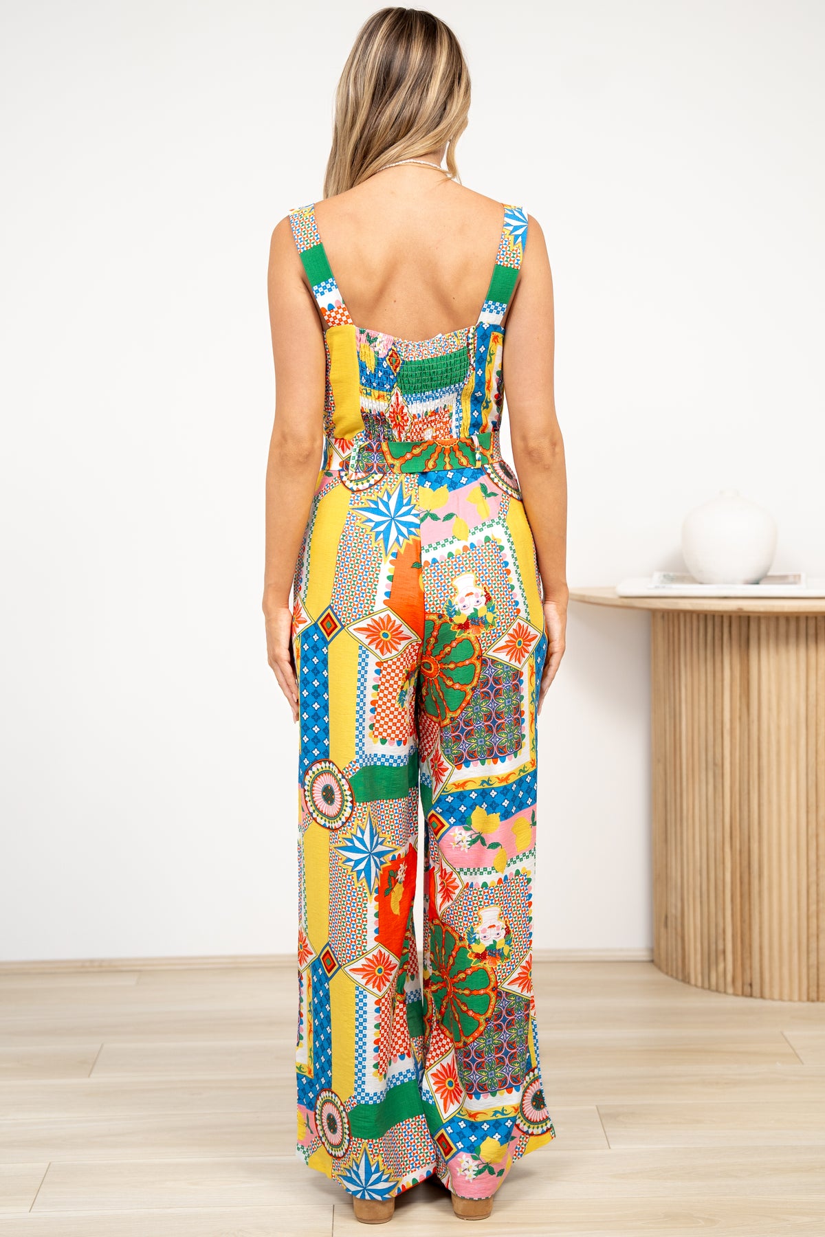 Ren Jumpsuit - Square Neck Thick Strap Jumpsuit with Waist Tie and Pockets in Myra Print