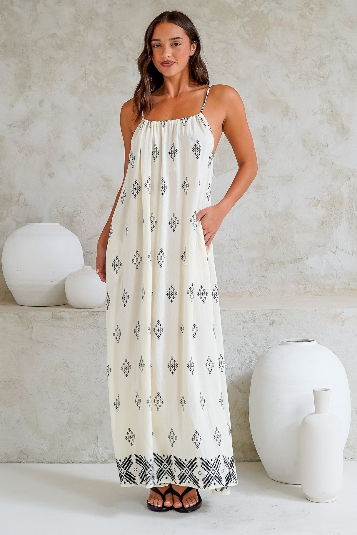 Milani Maxi Dress - Adjustable Halter Neck Sun Dress in Fresca Print White