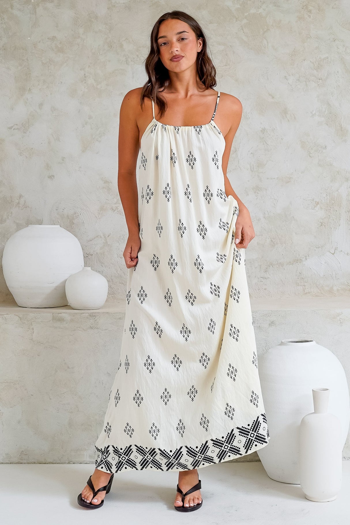 Milani Maxi Dress - Adjustable Halter Neck Sun Dress in Fresca Print White