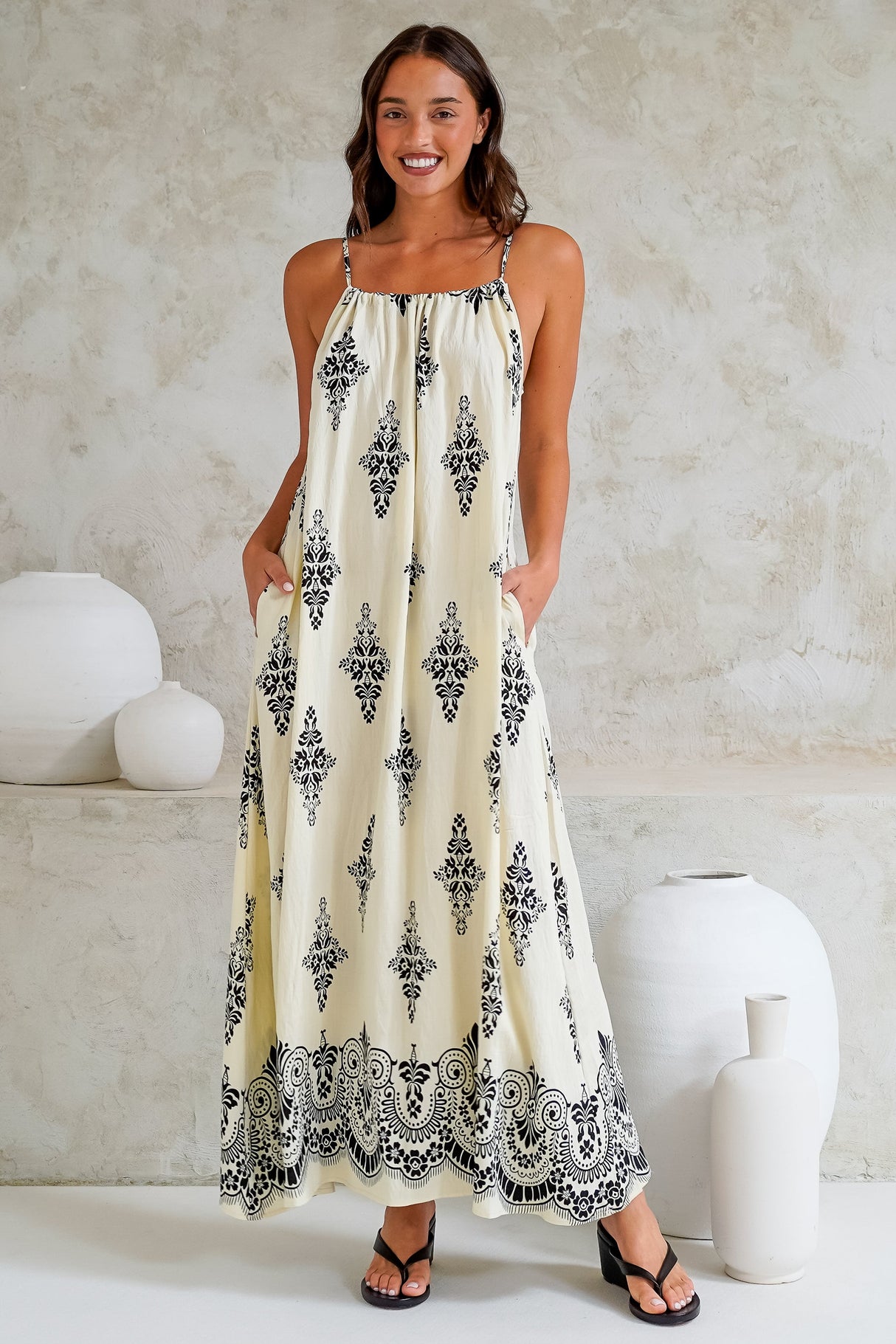 Milani Maxi Dress - Adjustable Halter Neck Sun Dress in Lannie Print White