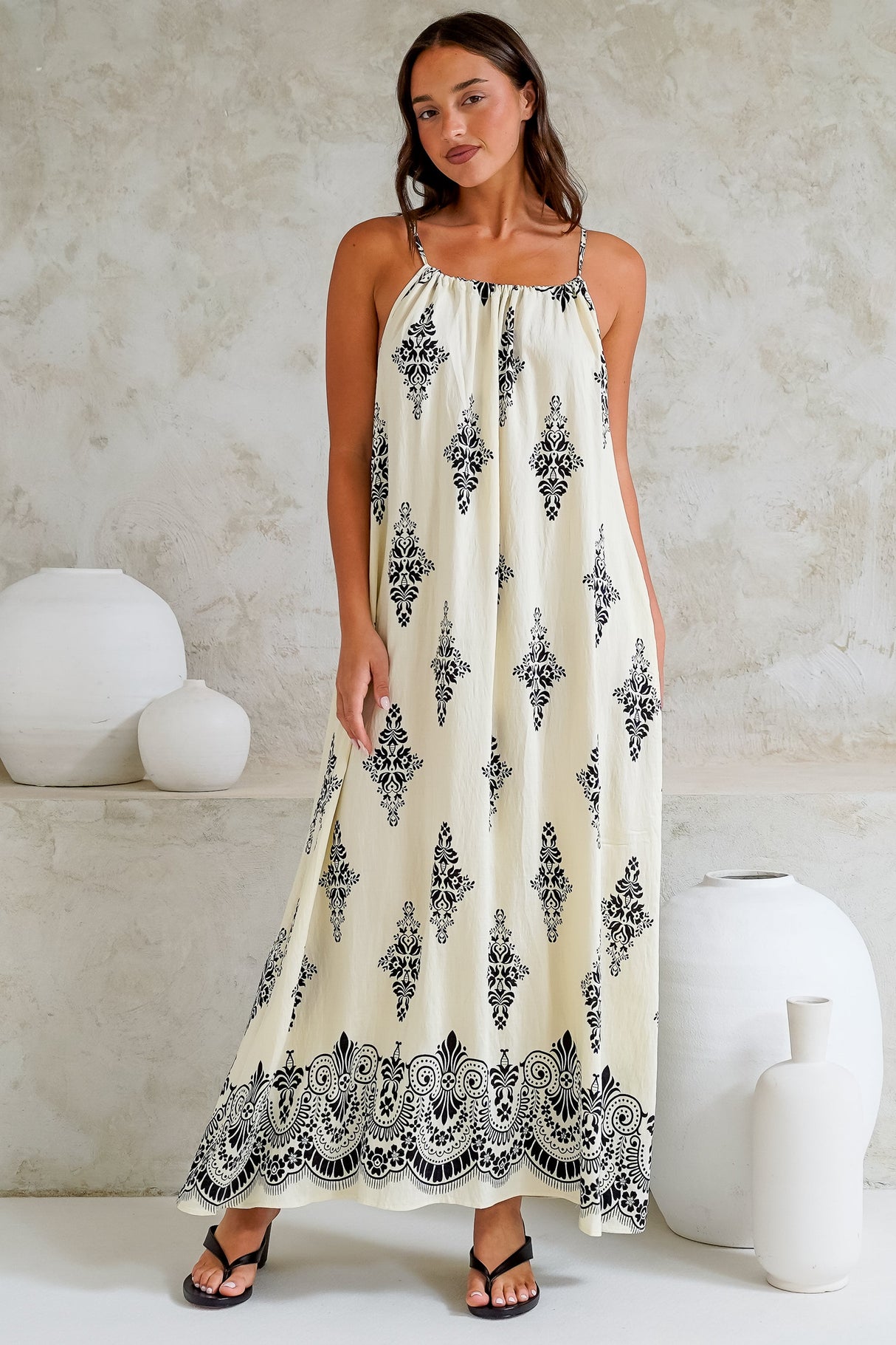 Milani Maxi Dress - Adjustable Halter Neck Sun Dress in Lannie Print White