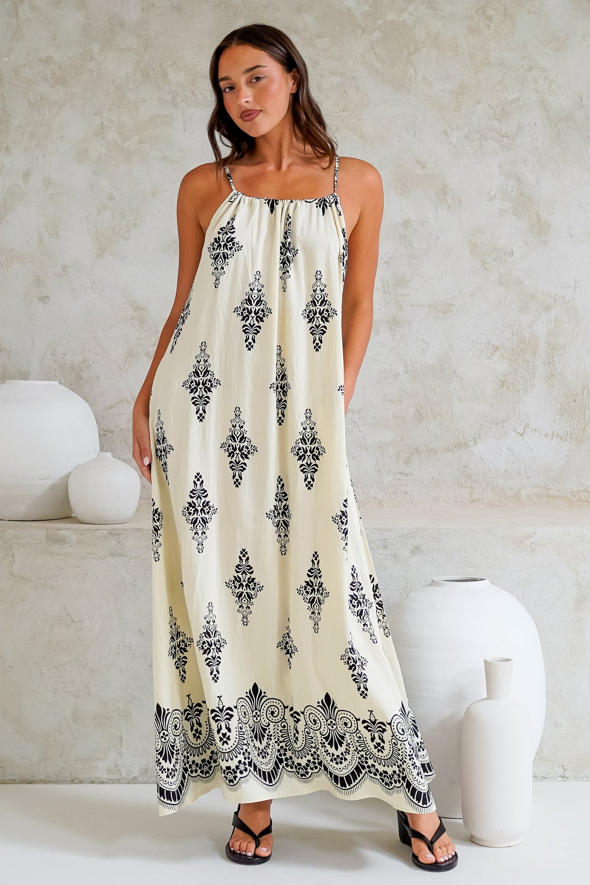 Milani Maxi Dress - Adjustable Halter Neck Sun Dress in Lannie Print White