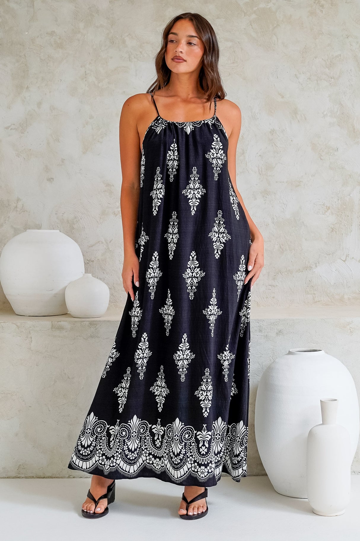 Milani Maxi Dress - Adjustable Halter Neck Sun Dress in Lannie Print Black