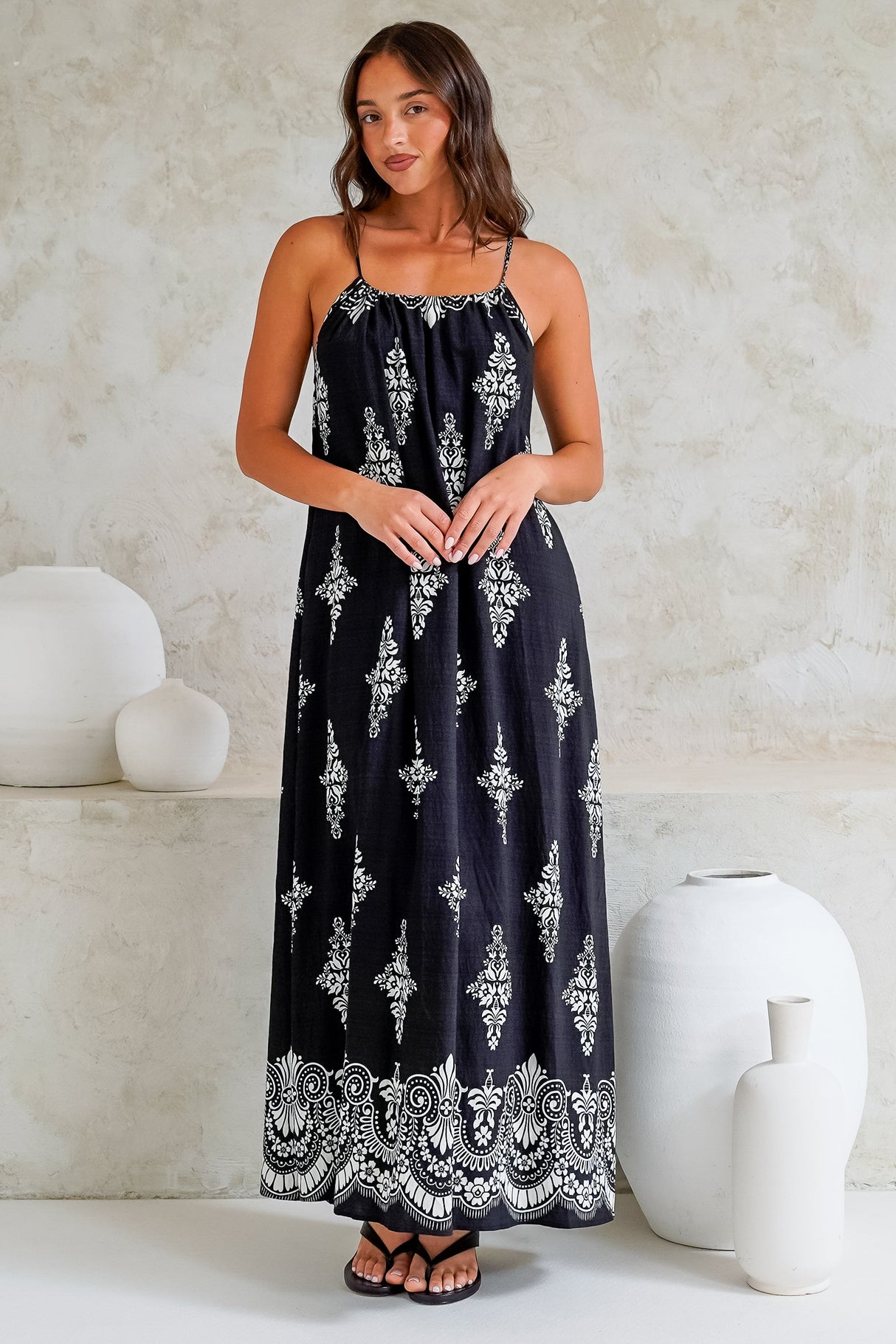 Milani Maxi Dress - Adjustable Halter Neck Sun Dress in Lannie Print Black