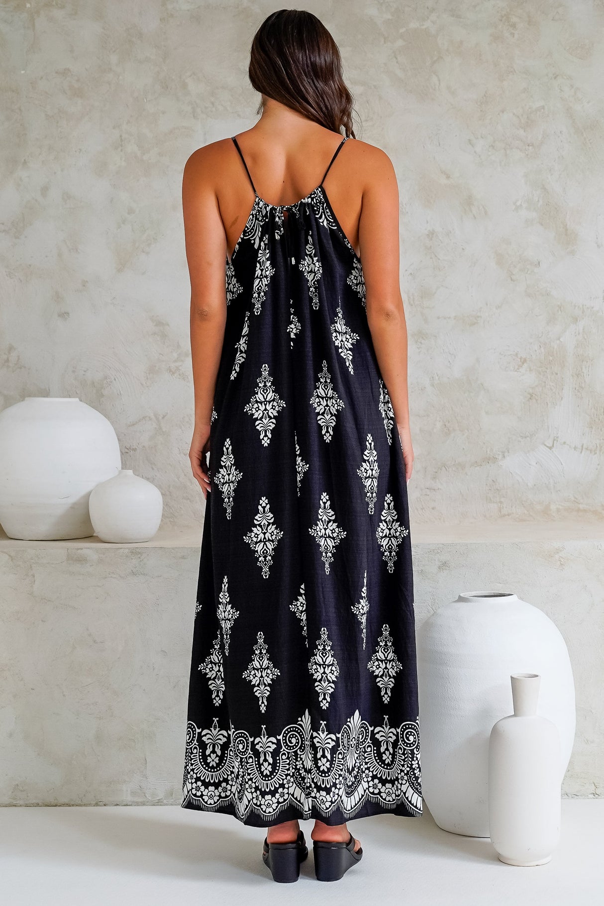Milani Maxi Dress - Adjustable Halter Neck Sun Dress in Lannie Print Black