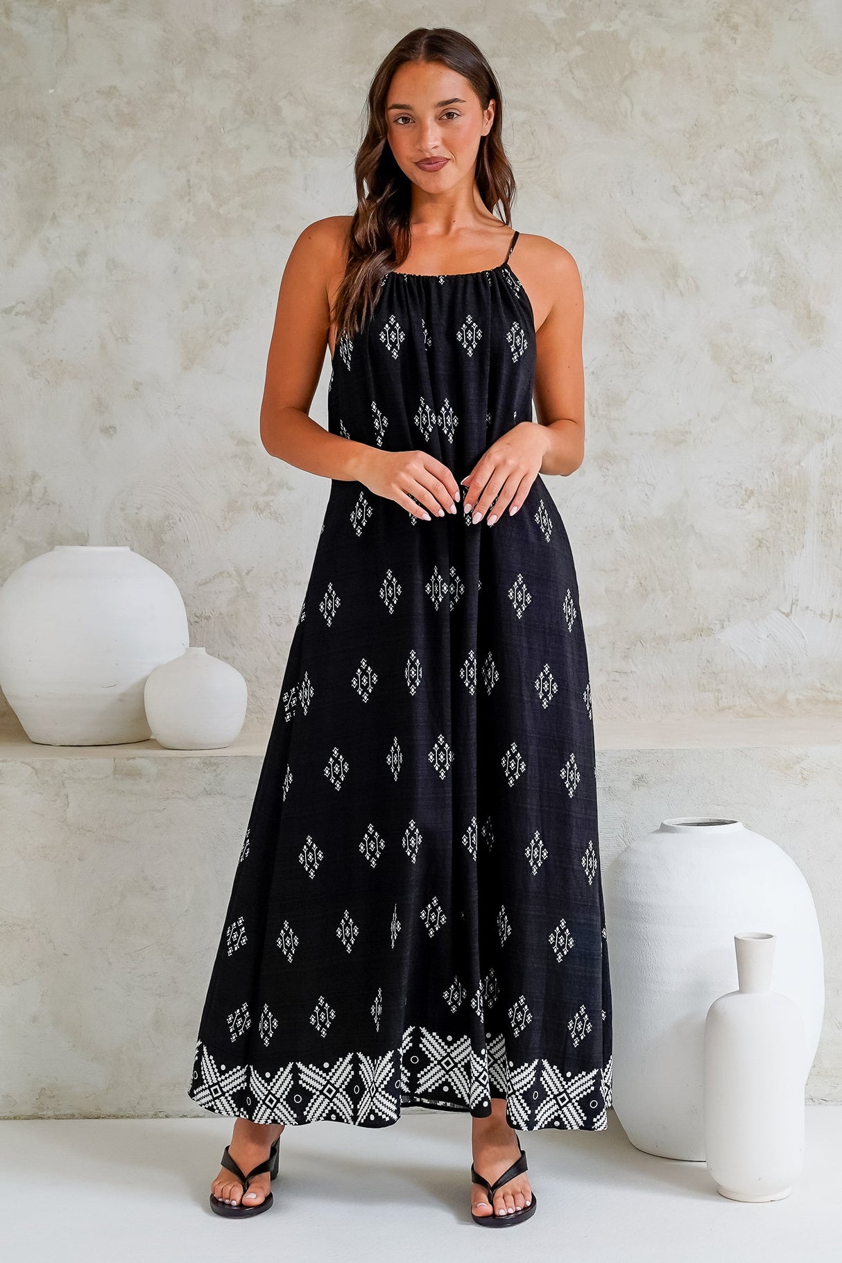 Milani Maxi Dress - Adjustable Halter Neck Sun Dress in Fresca Print Black
