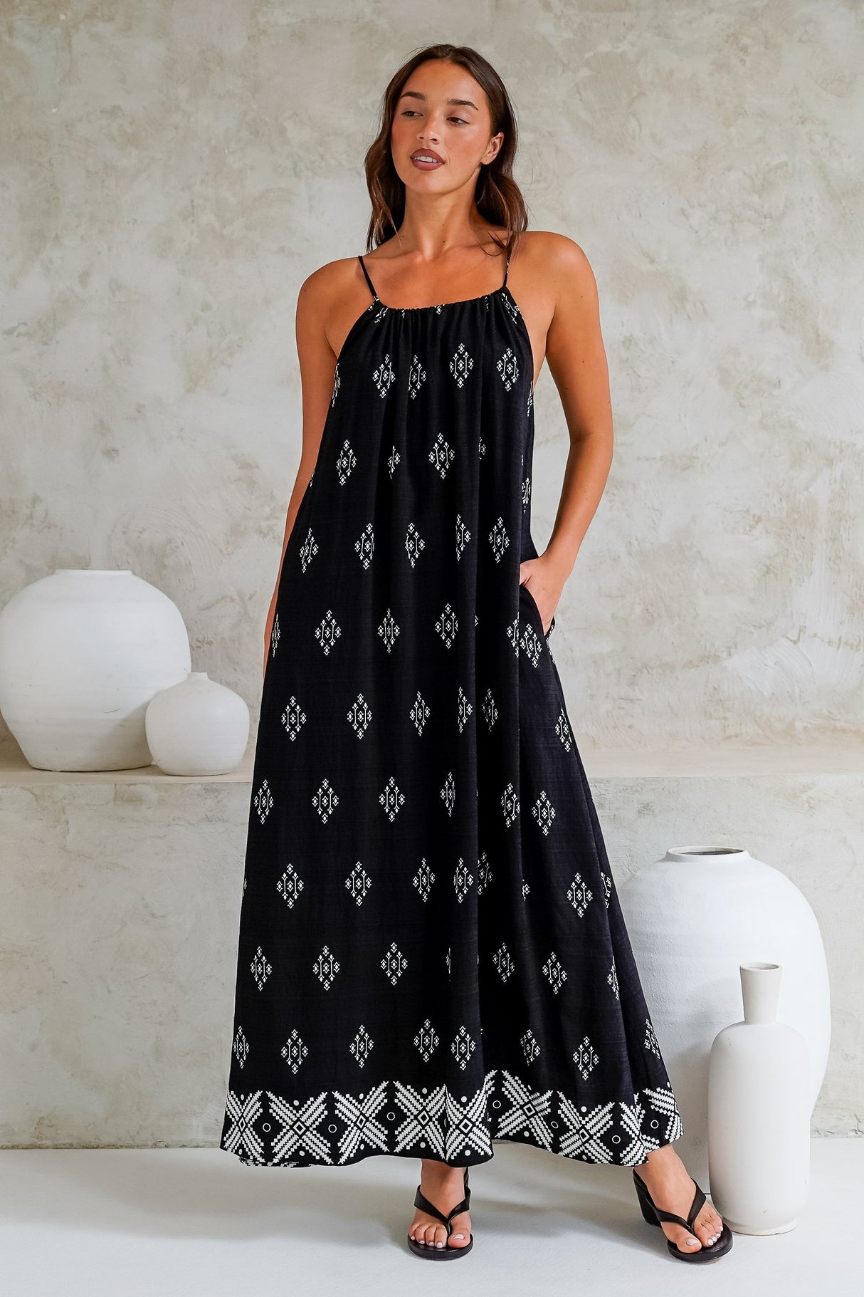 Milani Maxi Dress - Adjustable Halter Neck Sun Dress in Fresca Print Black